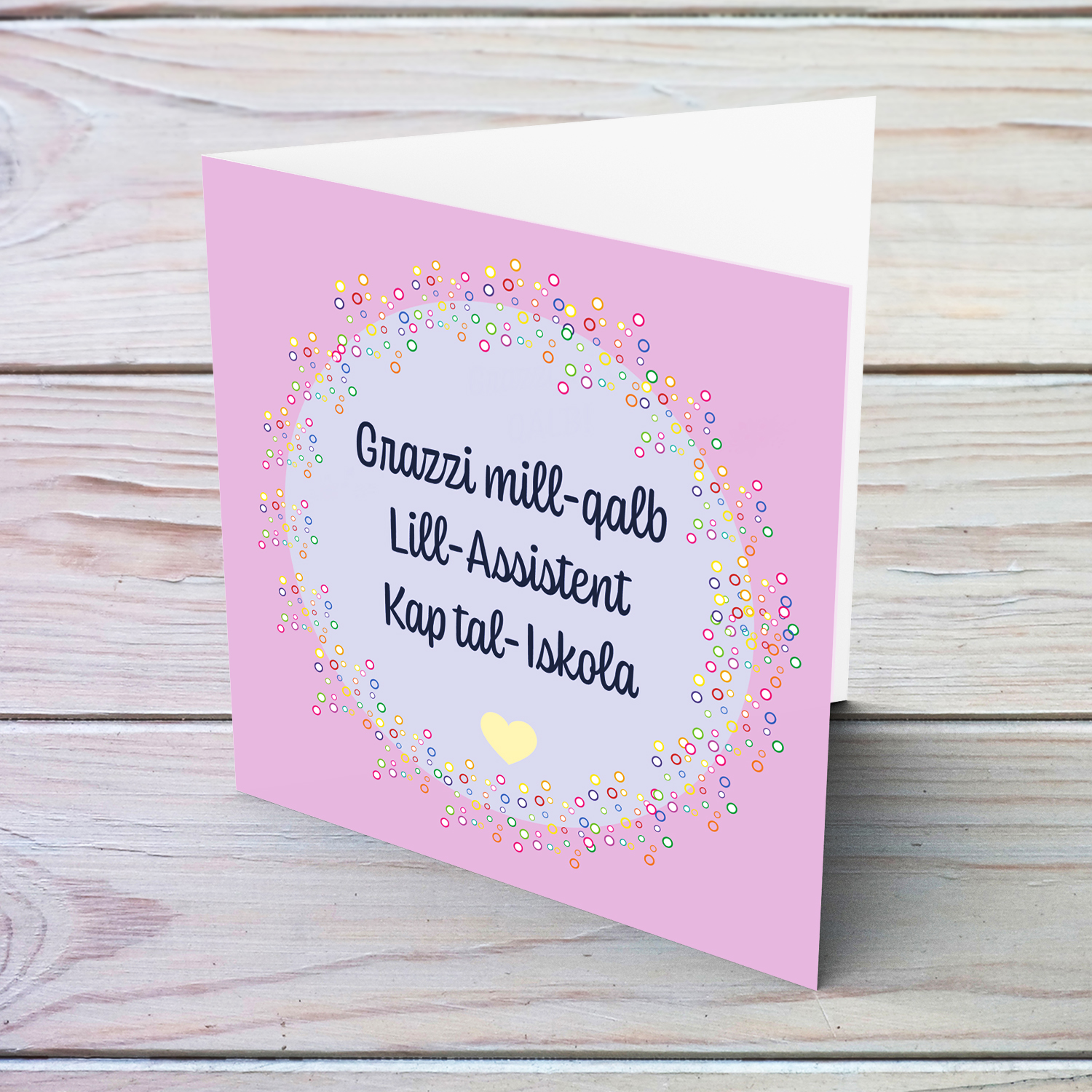 Thank you card for Assistant Head with pink background and purple circle in Maltese