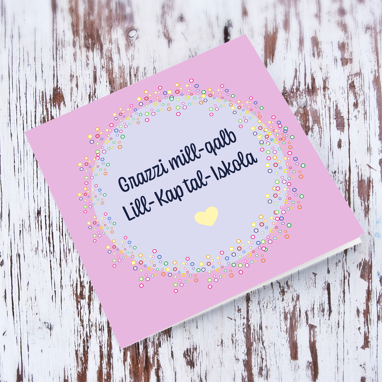 Thank you card for Head of Head with pink background and purple circle in Maltese