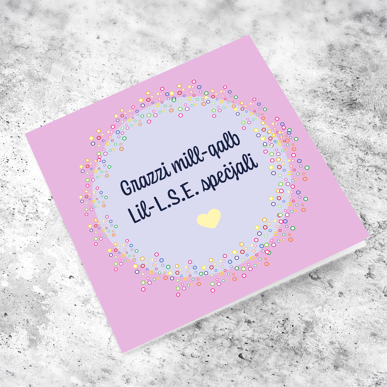 Thank you card for LSE with pink background and purple circle in Maltese