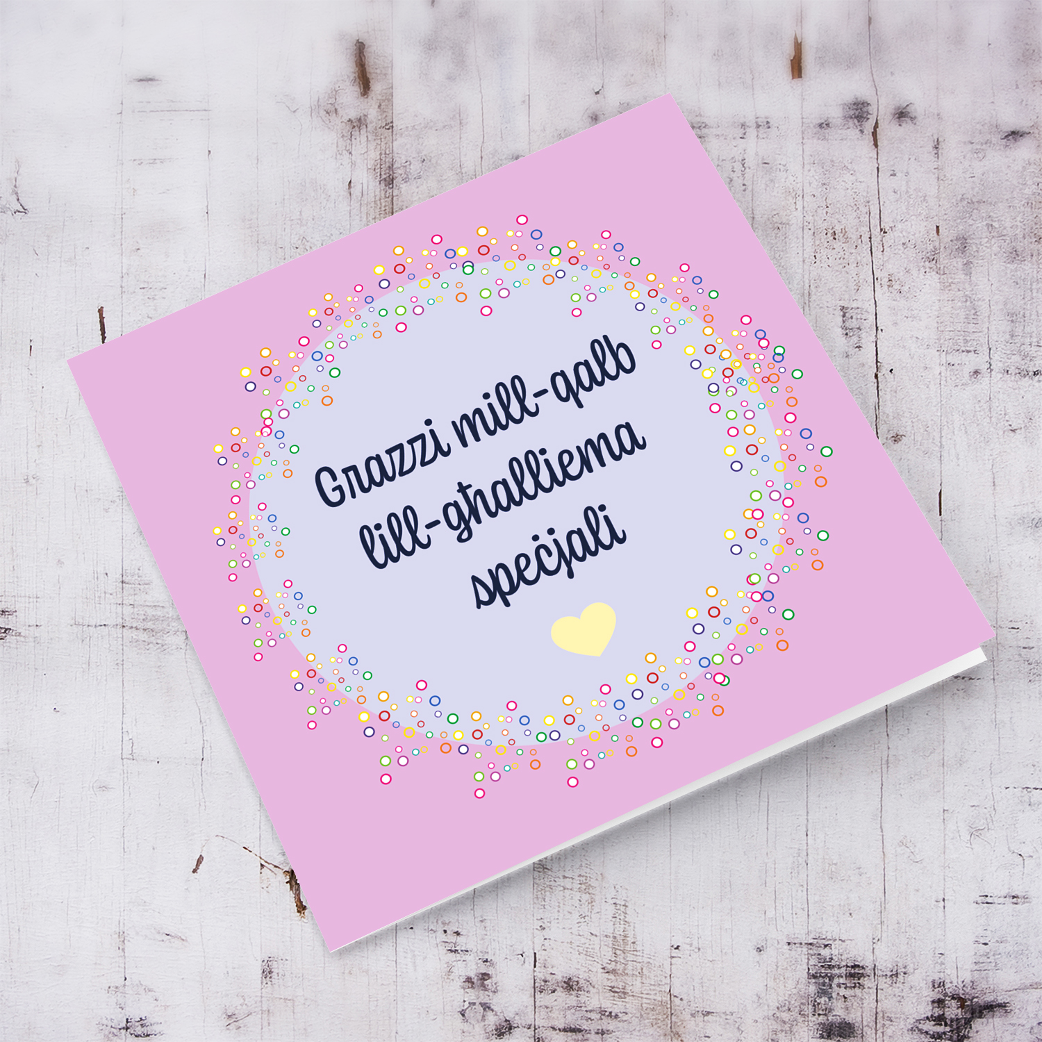 Thank you card for teacher with pink background and purple circle in Maltese