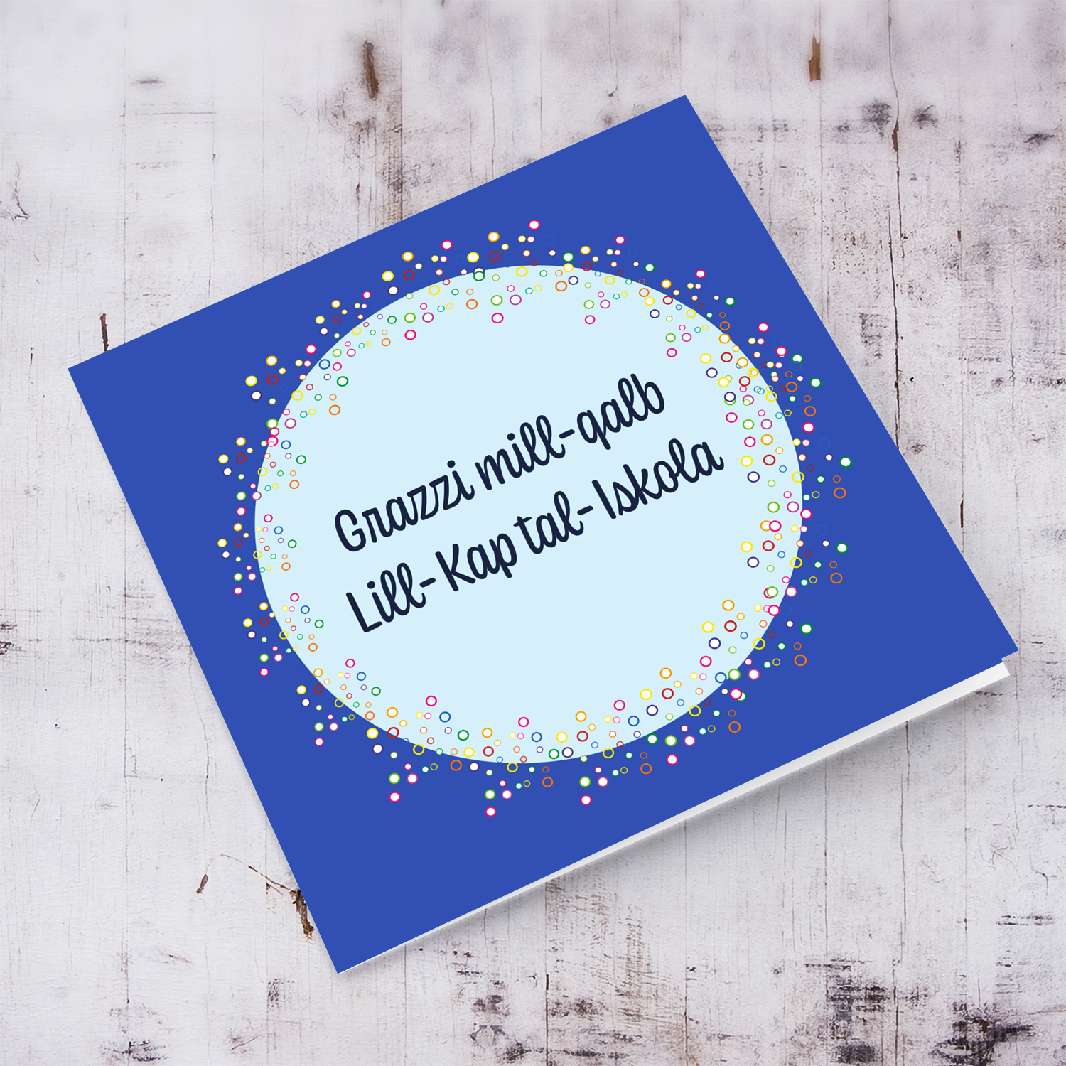 Thank you card for Head of School with blue background and light blue circle in Maltese