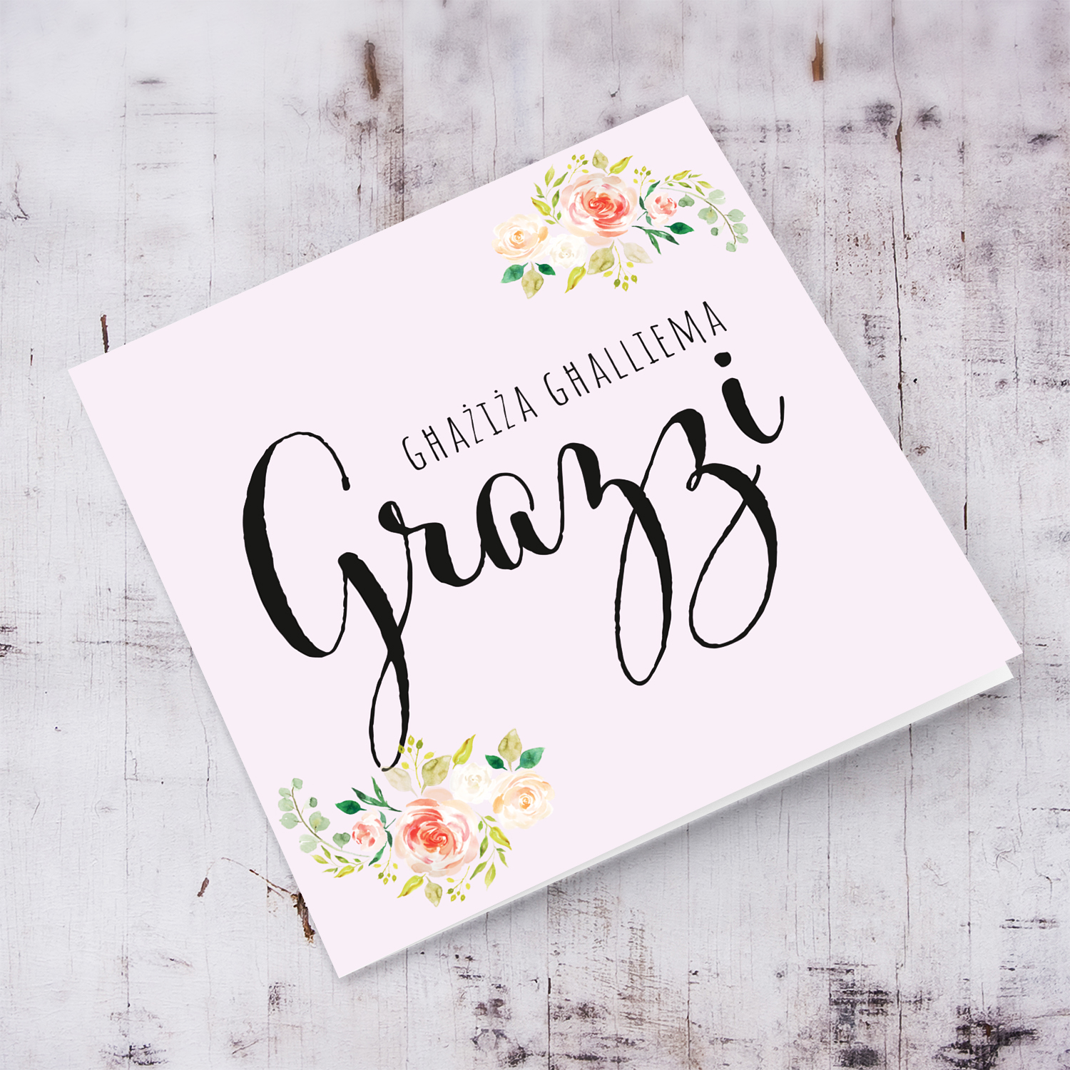 A beautiful thank you card for teacher with pink background and soft florals in Maltese