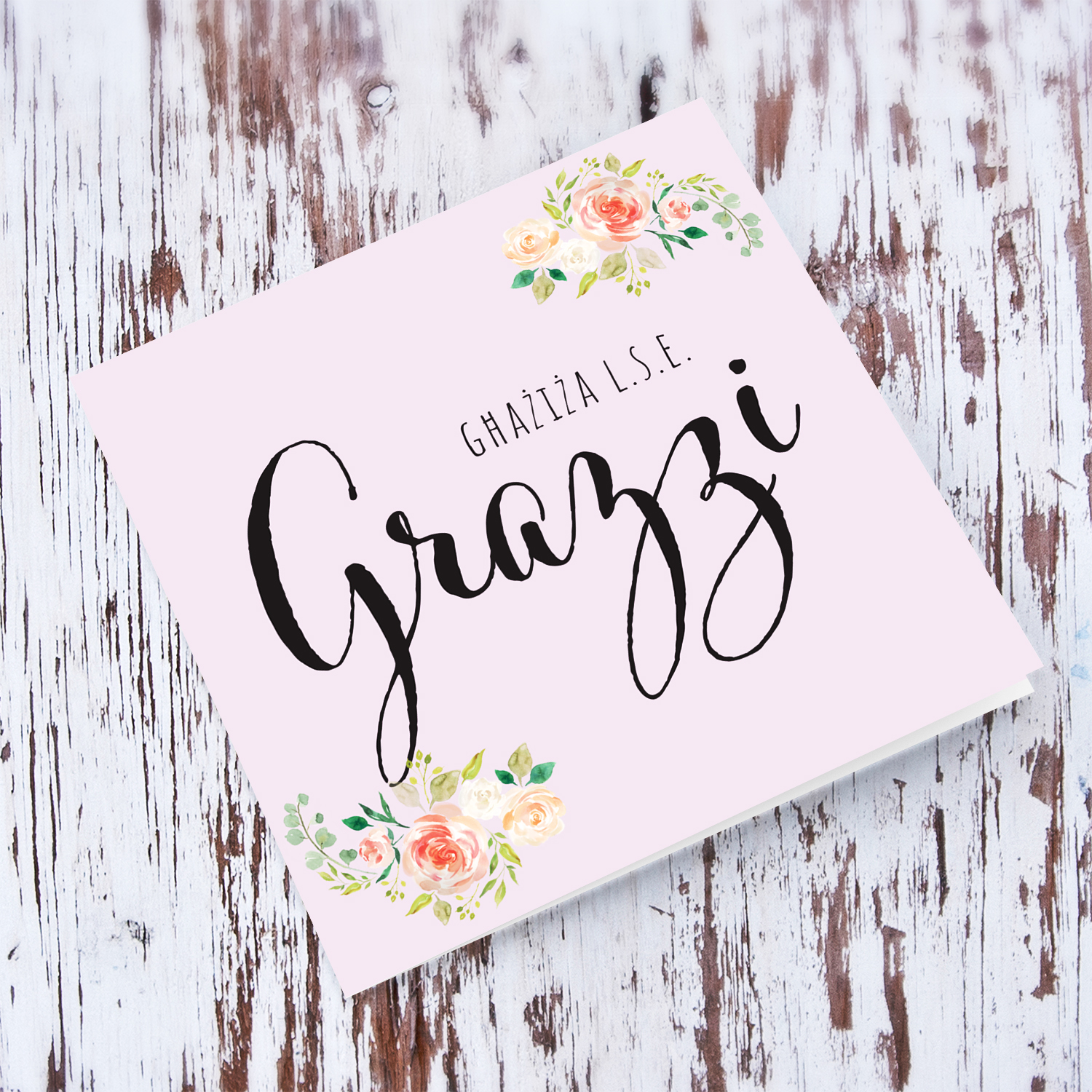 A beautiful thank you card for L.S.E. with pink background and soft florals in Maltese