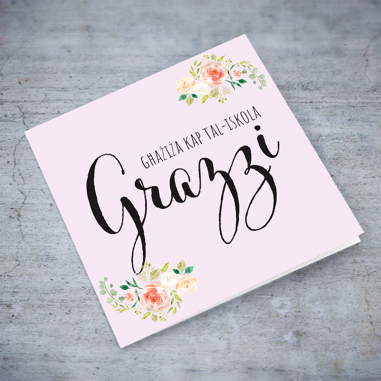 A beautiful thank you card for Head of School with pink background and soft florals in Maltese