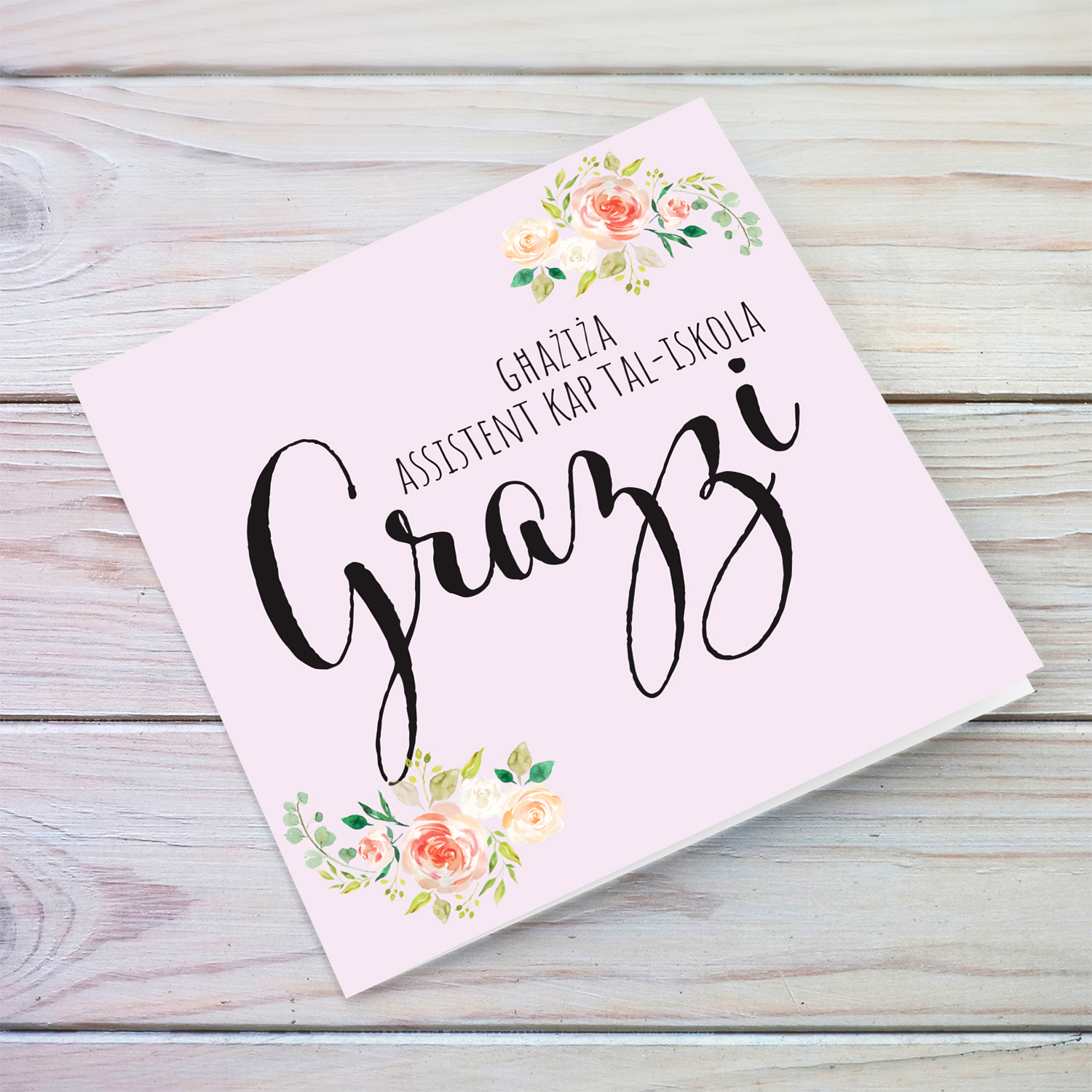 A beautiful thank you card for Assistant Head of School with pink background and soft florals in Maltese