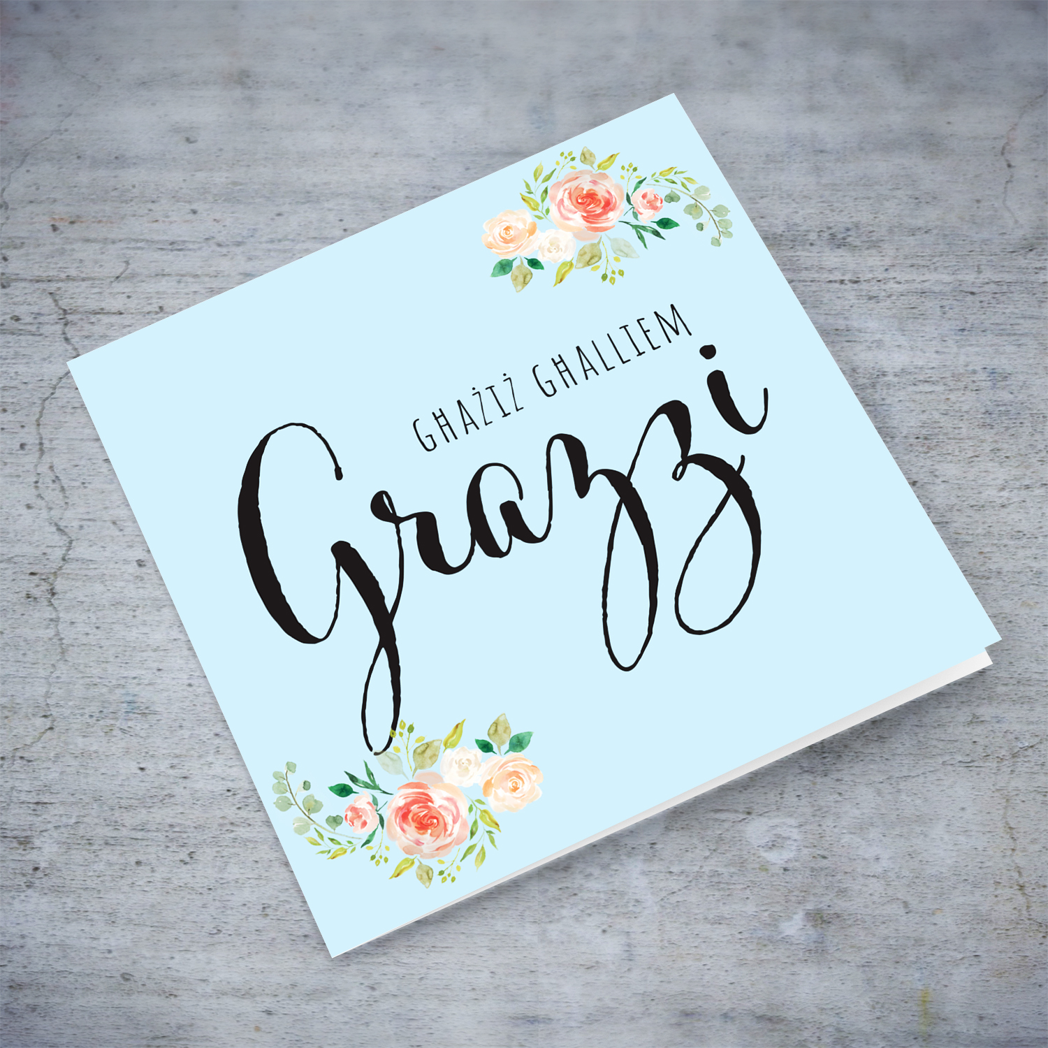 A beautiful thank you card for teacher with light blue background and soft florals in Maltese
