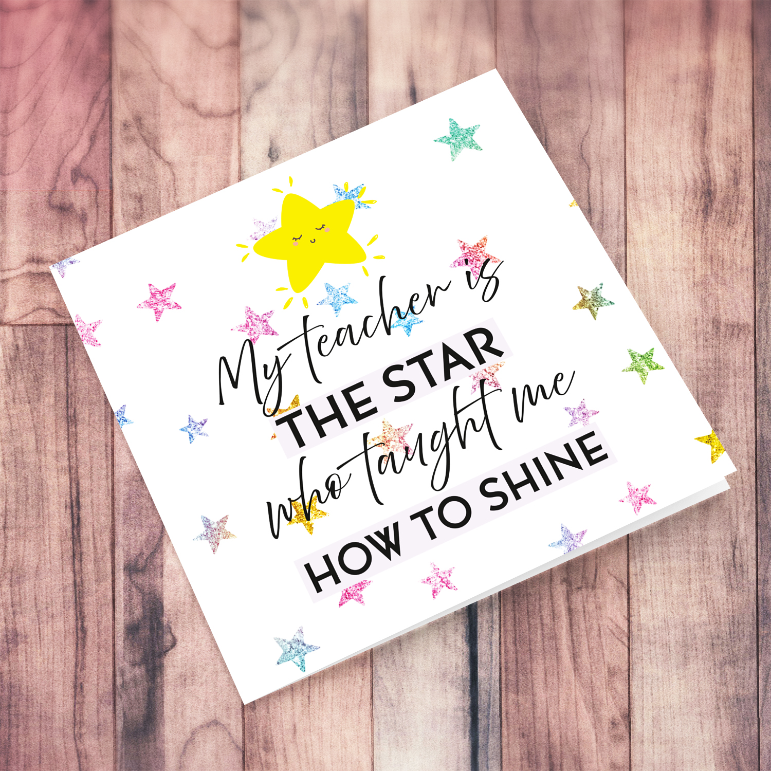 A beautiful thank you card for teacher featuring a colourful star background in English