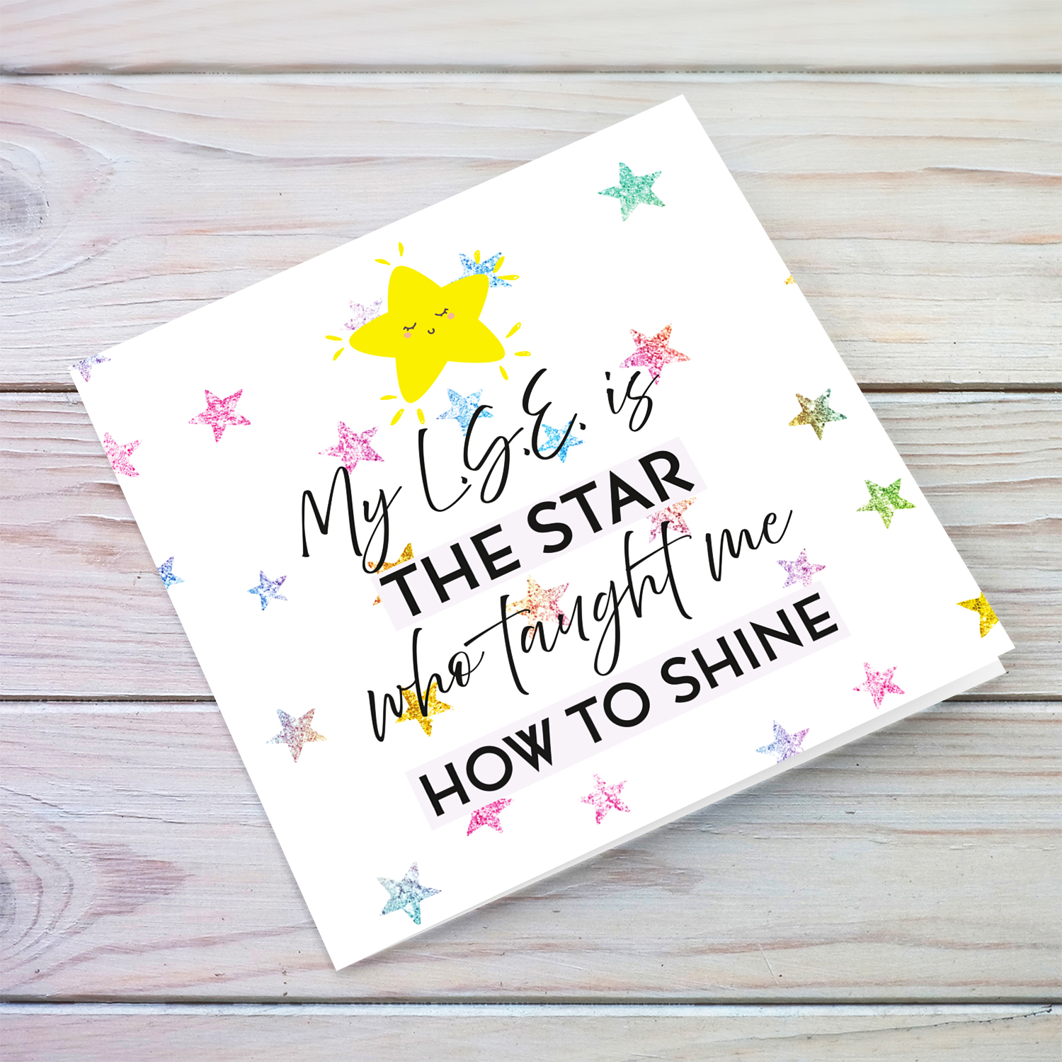 A beautiful thank you card for L.S.E. featuring a colourful star background in English