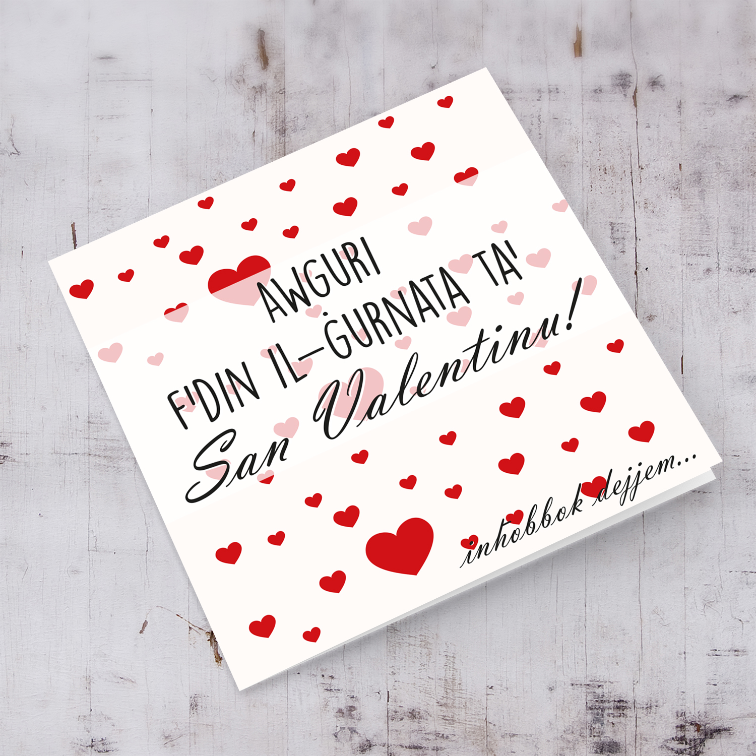 Red hearts themed Valentines card in Maltese