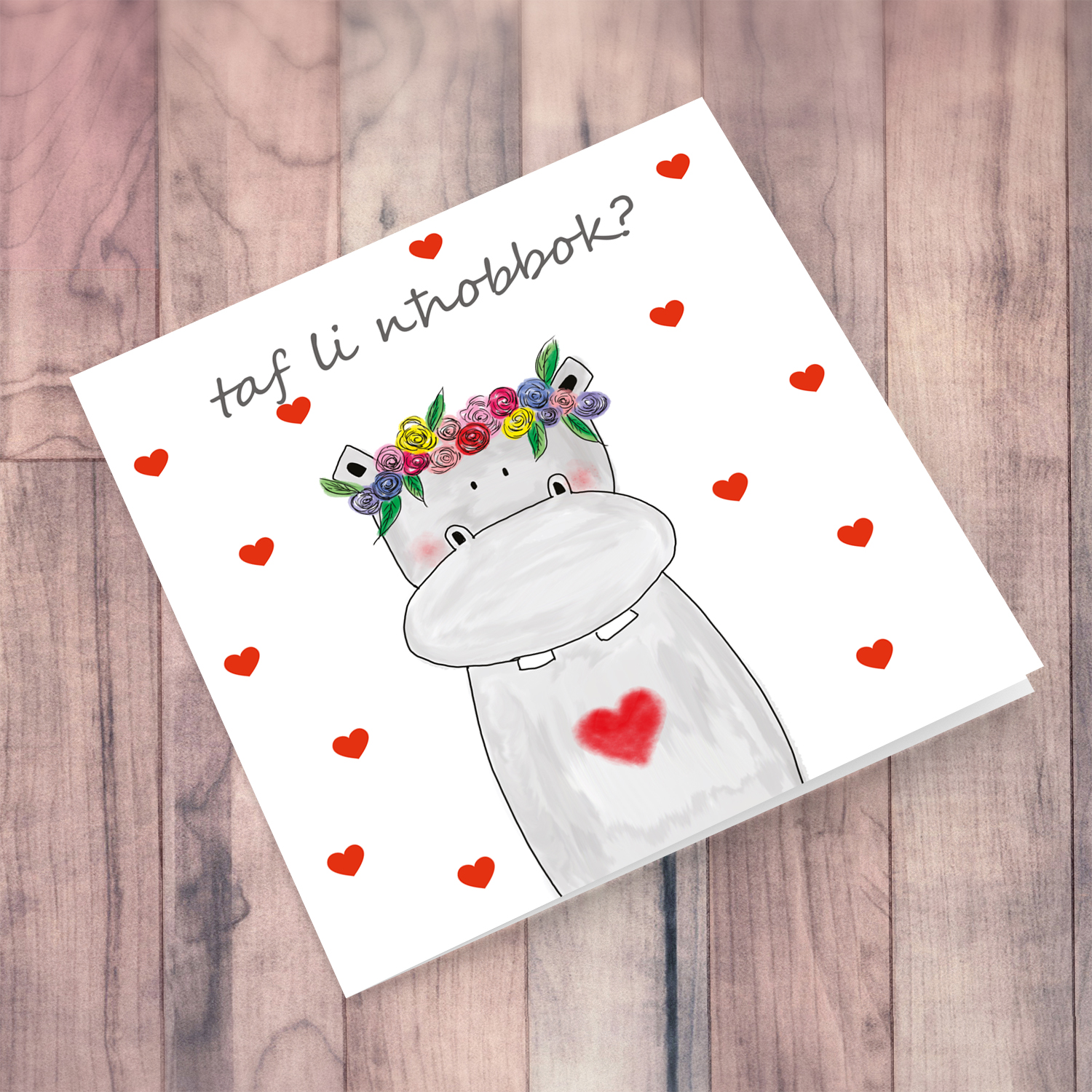 Hippo themed Valentines card in Maltese