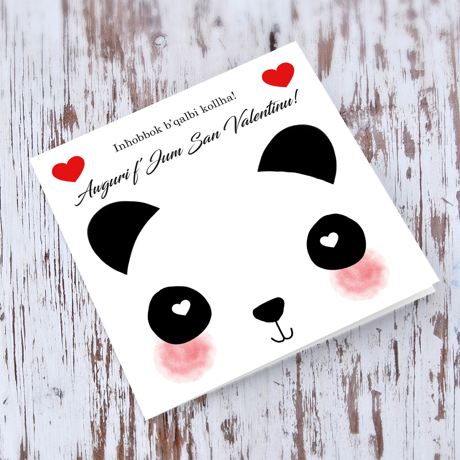 Panda themed Valentines card with 2 red hearts in Maltese