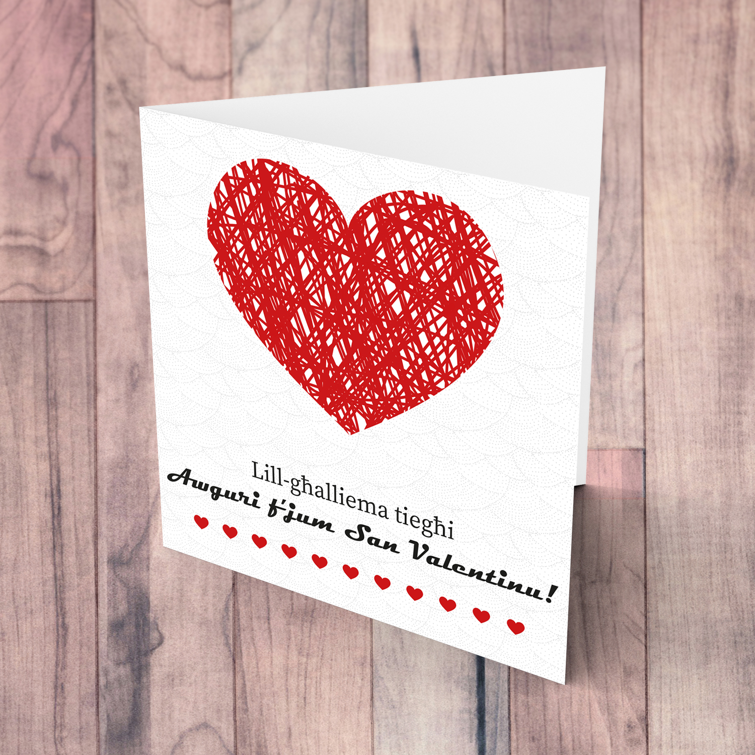 Red heart valentines card for teacher in Maltese
