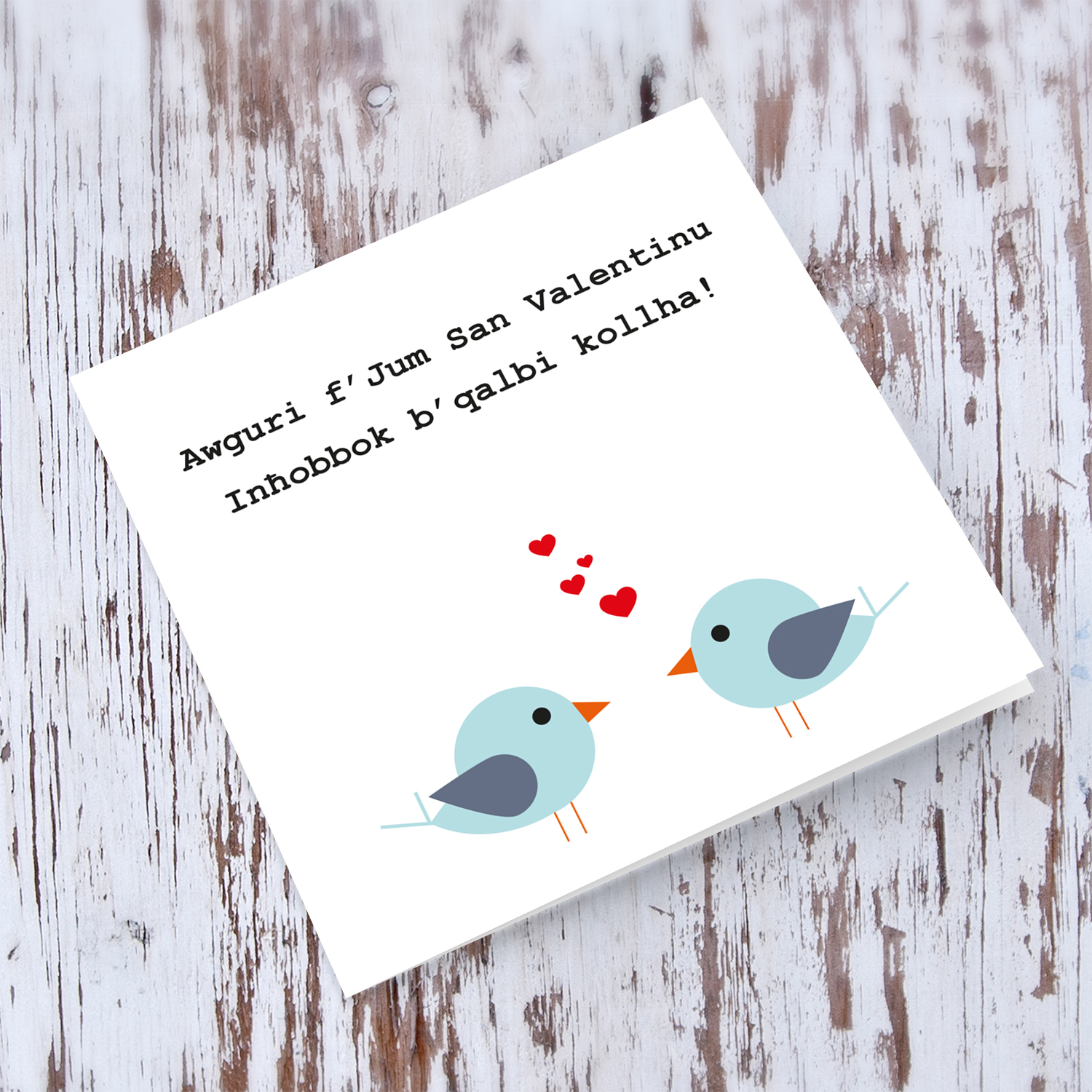 Two birds with hearts Valentines Card in Maltese