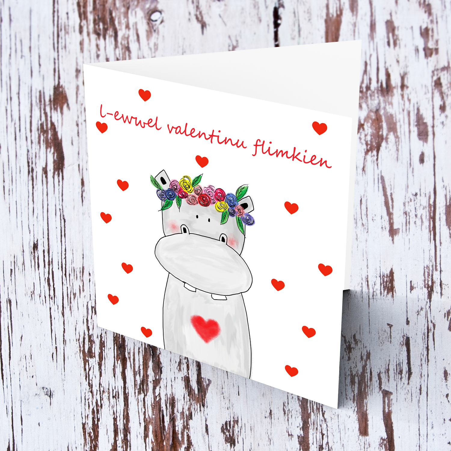 Hippo with red hearts Valentines Card in Maltese
