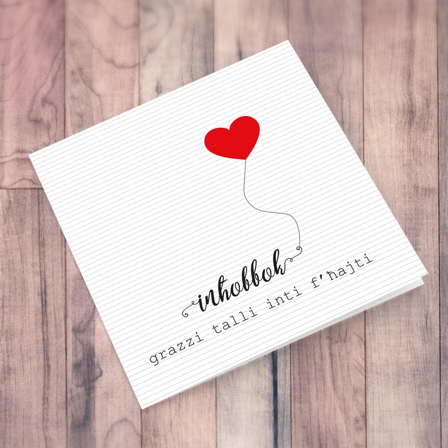 Striped background with red heart Valentines card in Maltese