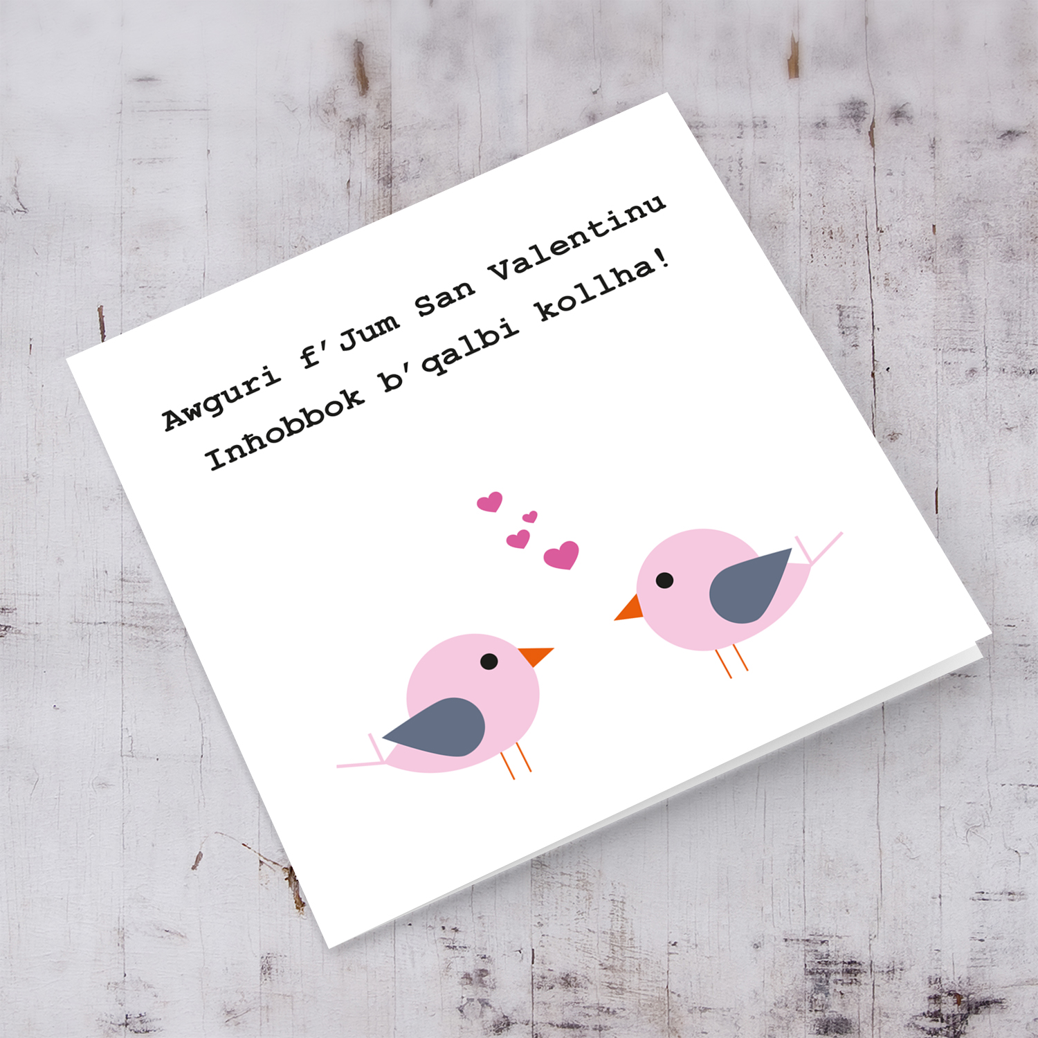 Two Pink birds themed Valentine's Card in Maltese