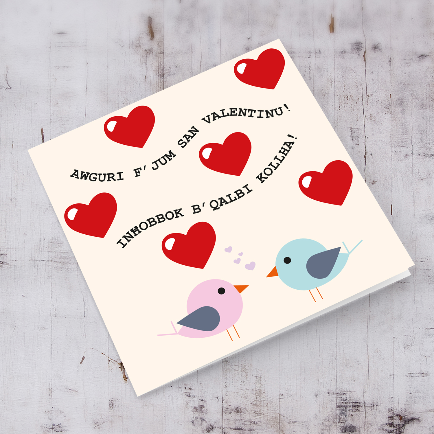 Two birds with red hearts Valentine's Card in Maltese