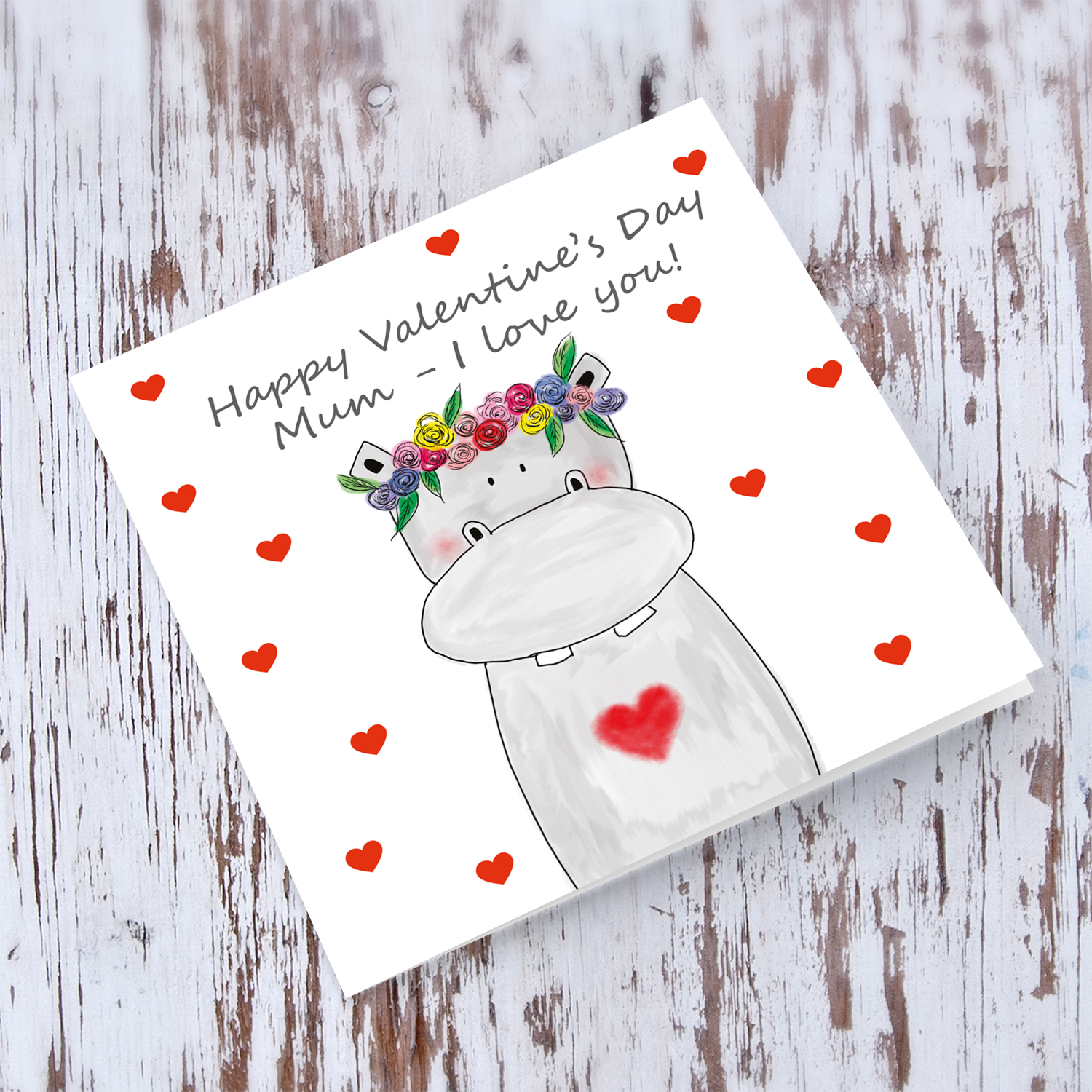 Hippo themed Valentines card from Mum in English