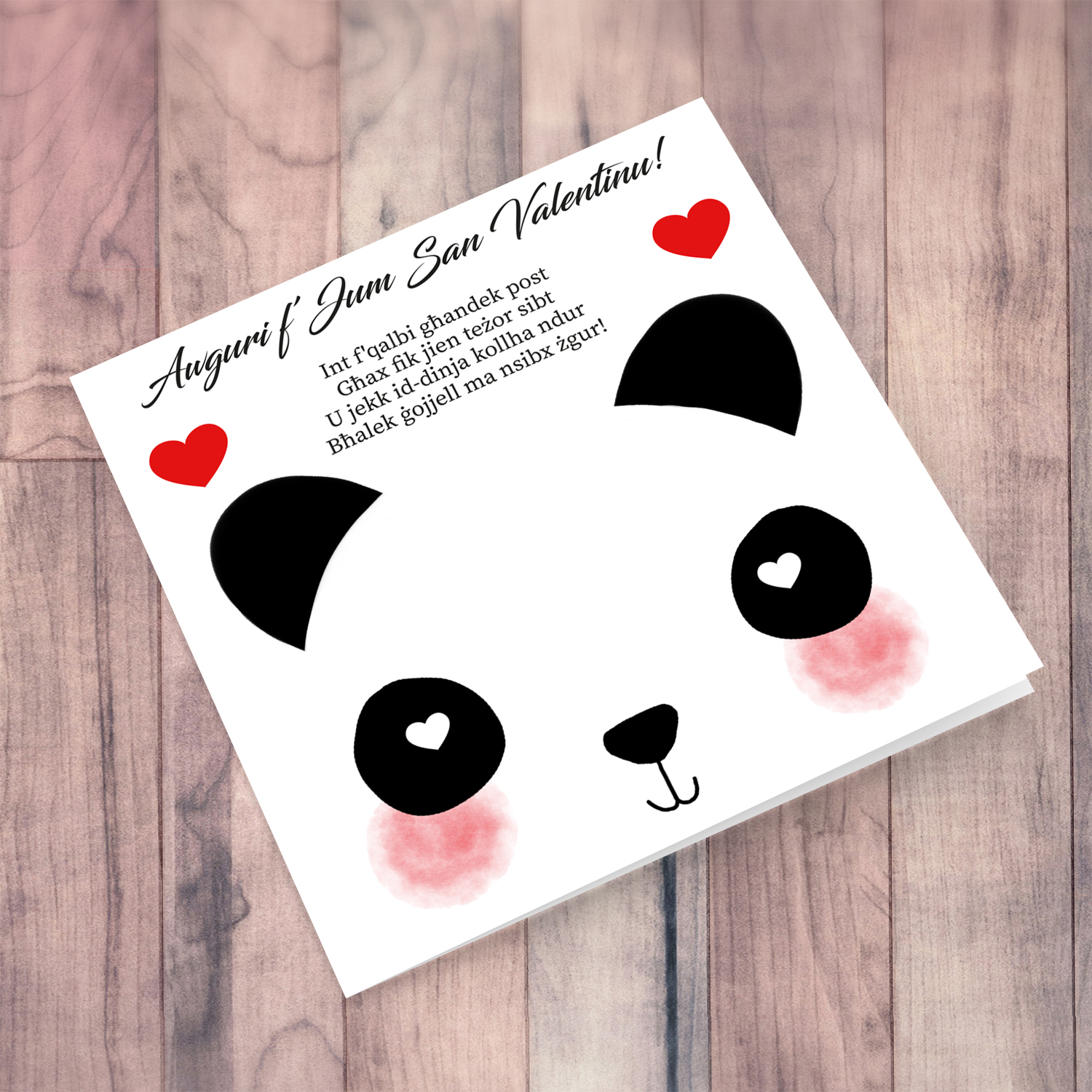 Panda themed Valentines card in Maltese