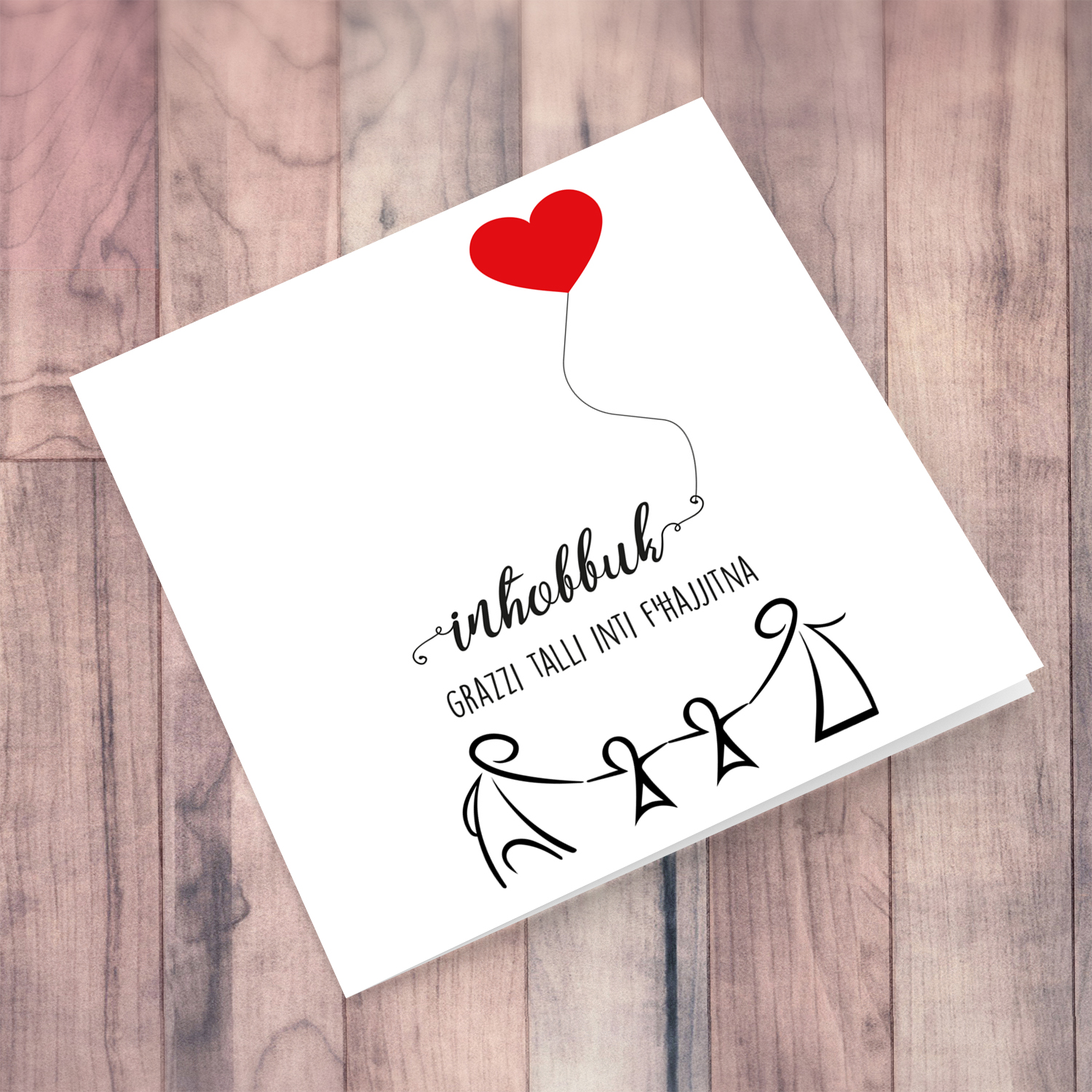 Family themed Valentine's Card with 2 children with red heart in Maltese