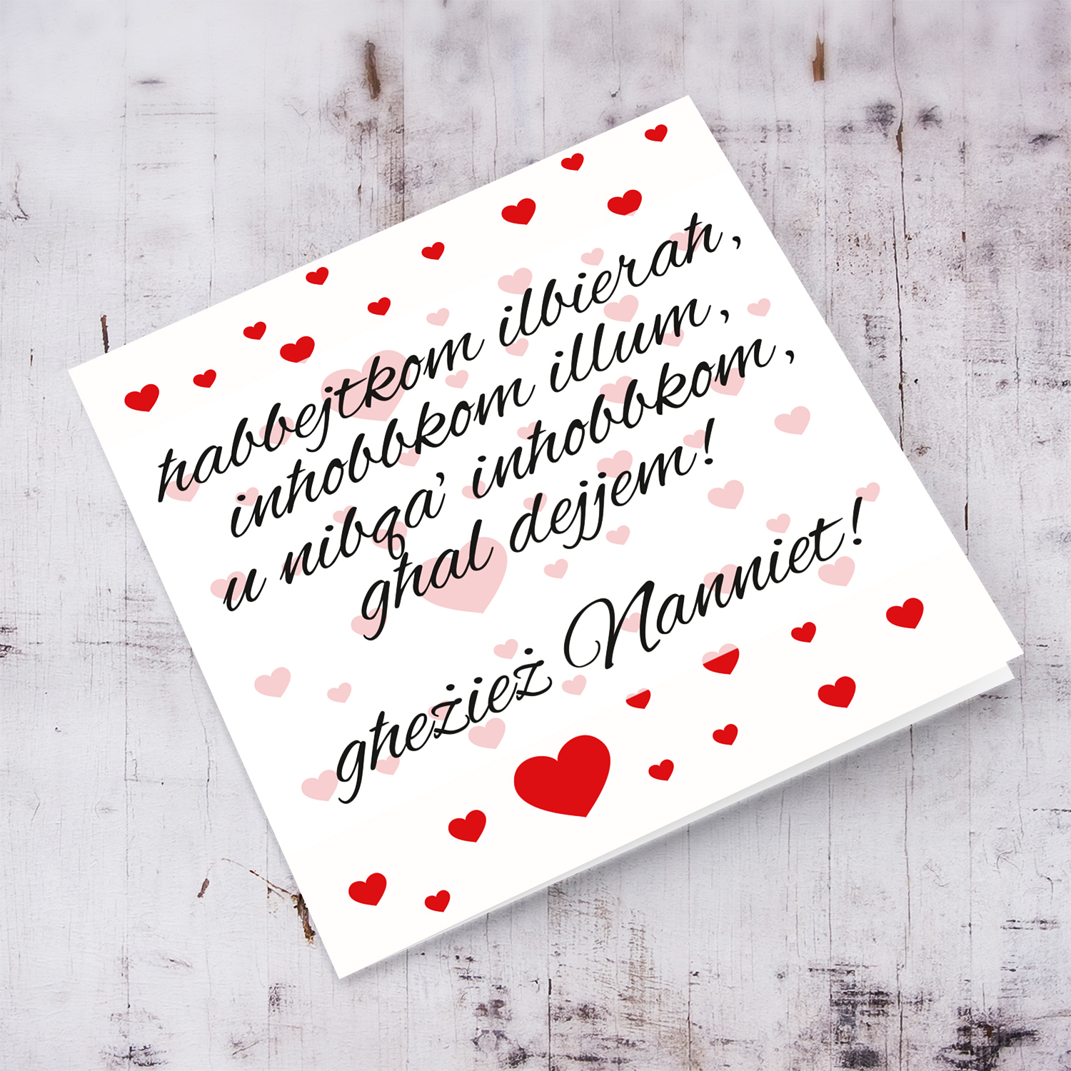 Grandparents Valentine's Card with red hearts background in Maltese