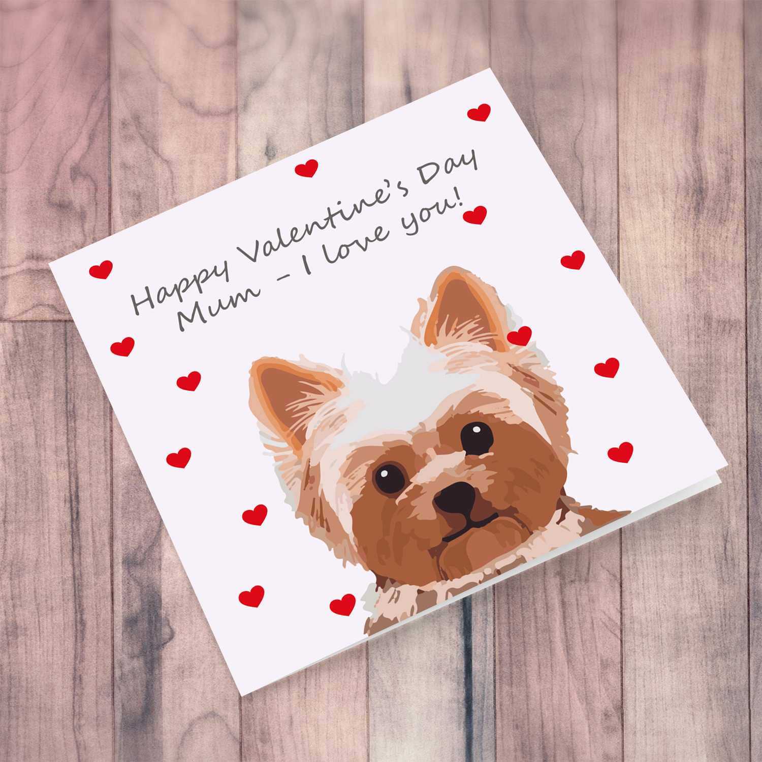 Dog themed valentine's card for Mum in English with pink background and red hearts