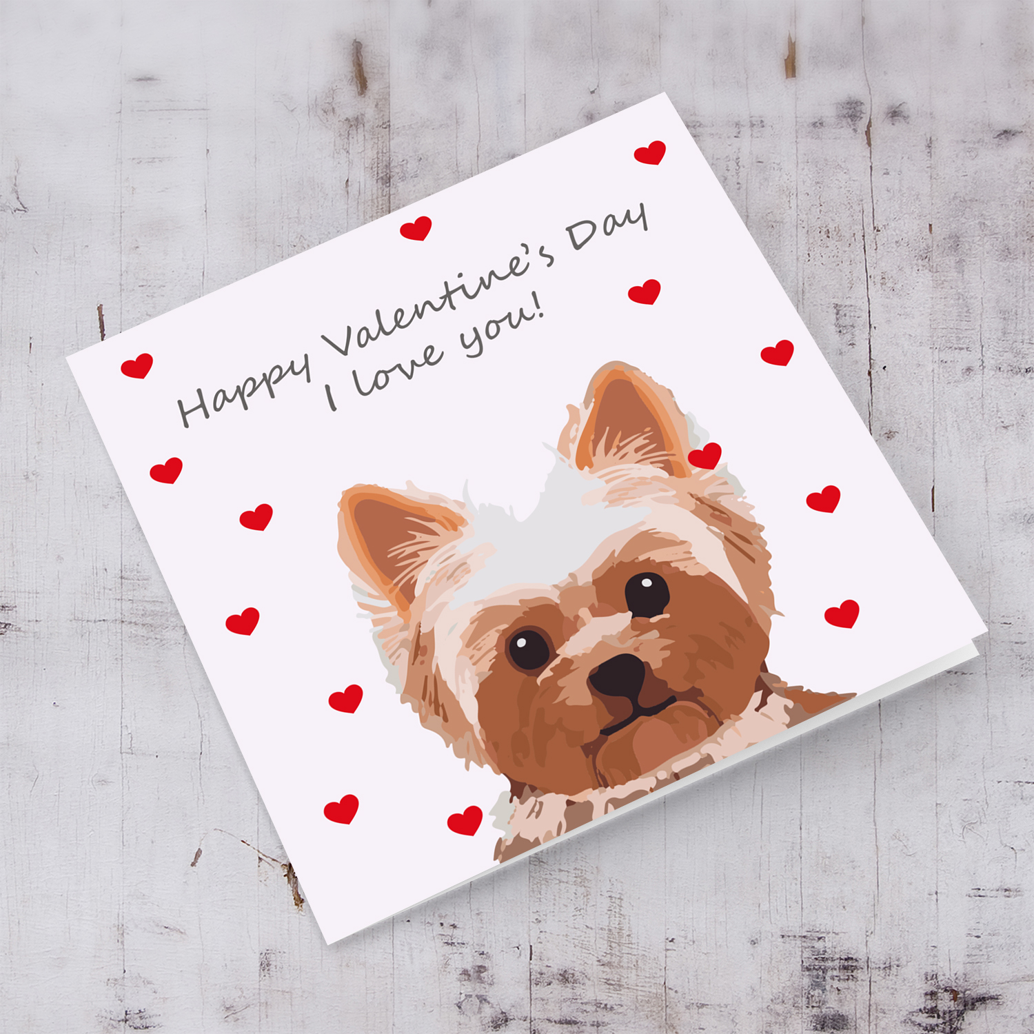 Dog themed valentine's card in English with pink background and red hearts