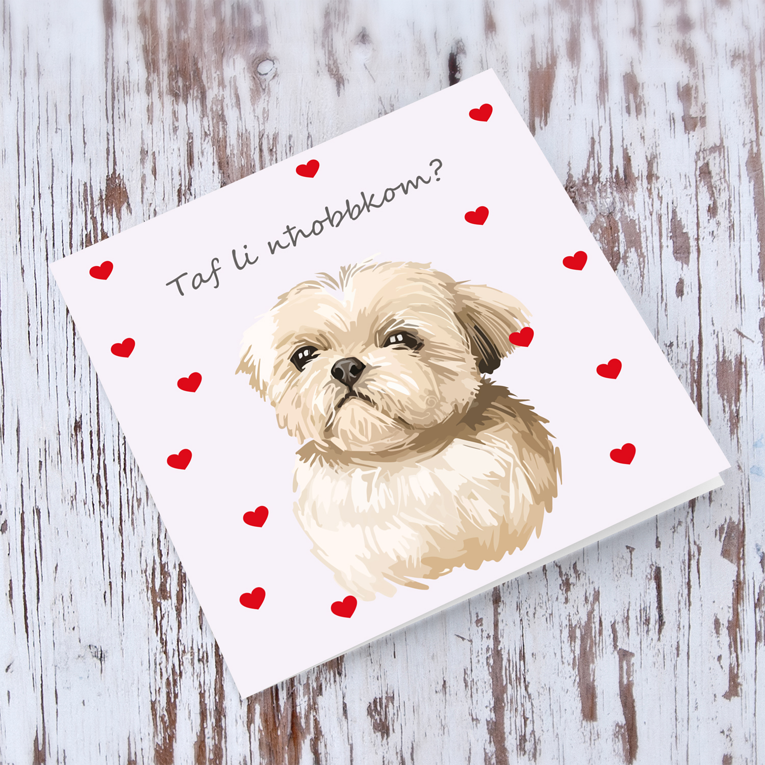 Dog themed valentine's Card in Maltese with red hearts