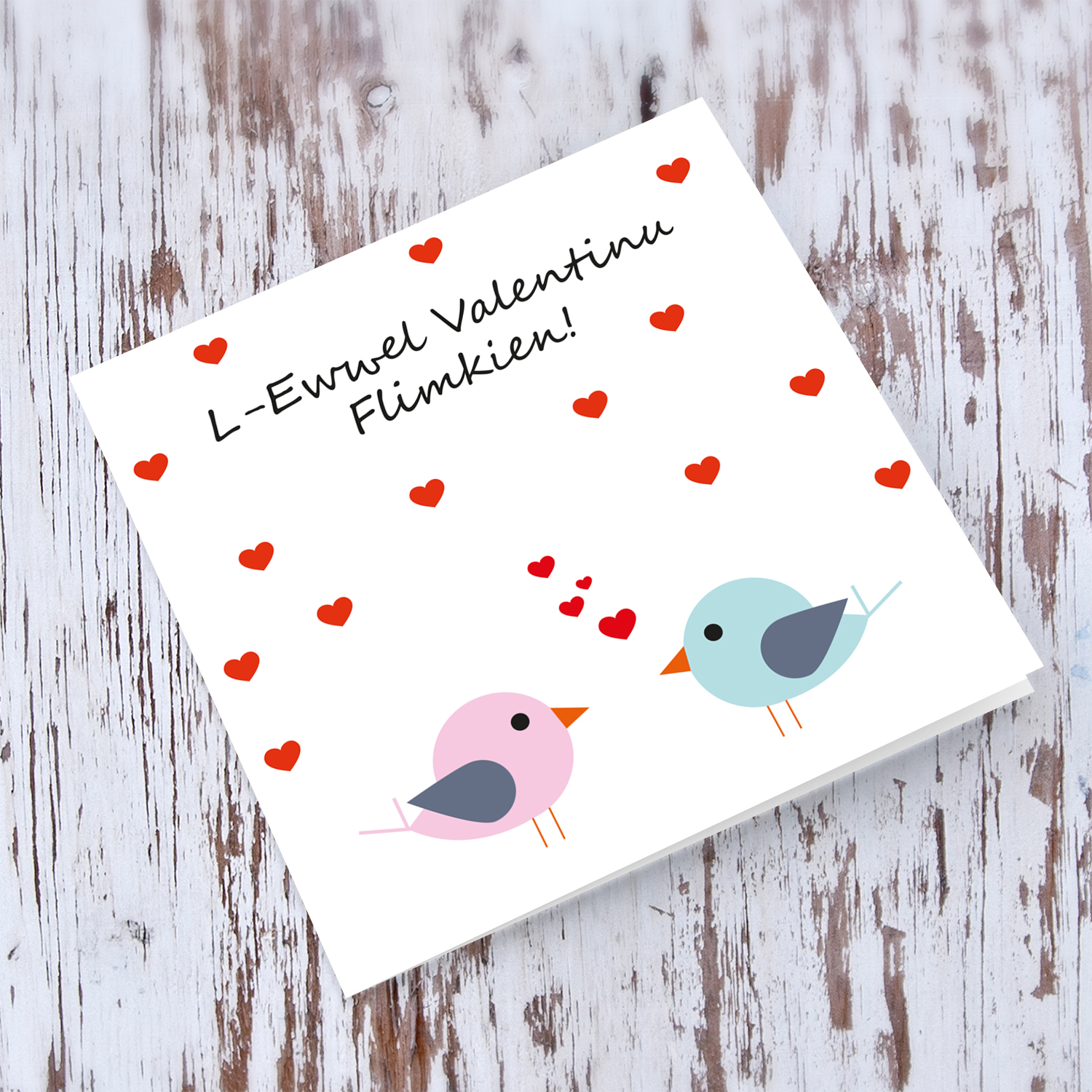 Pink and blue/green bird with red hearts valentine's card in Maltese