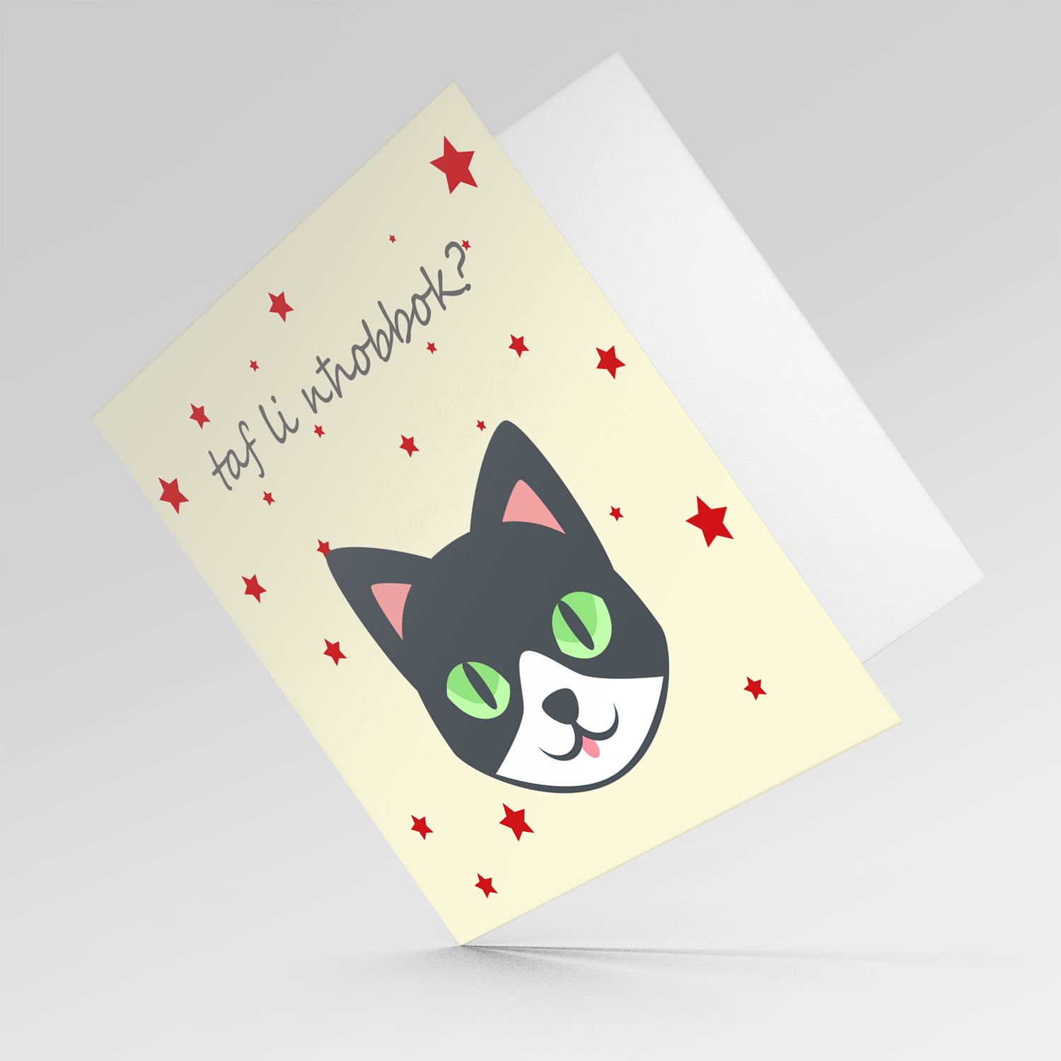 Cat themed Valentine's Day card with scattered red hearts in Maltese