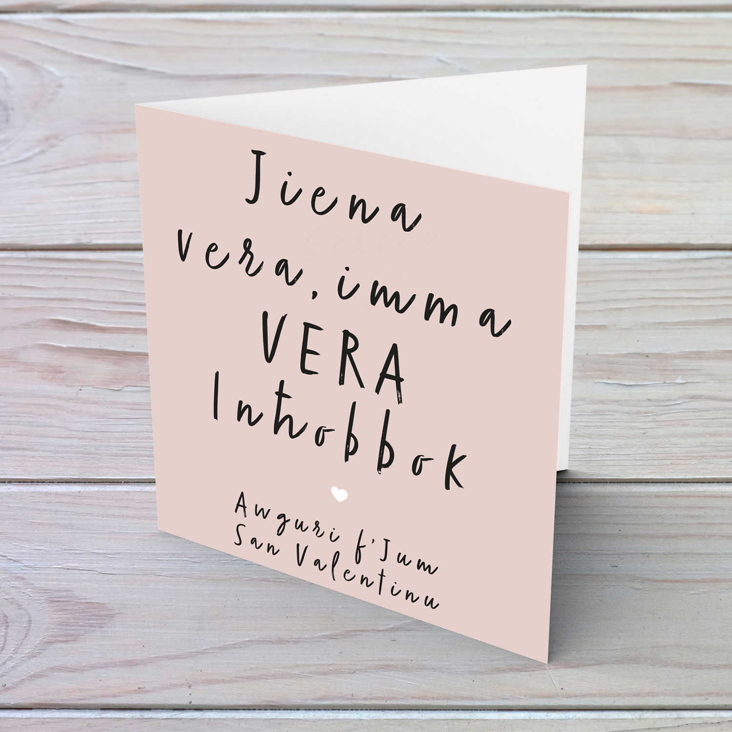 Pink background with black text Valentine's Card in Maltese