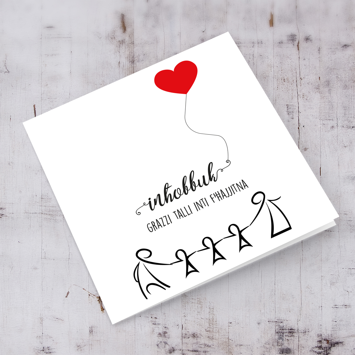 Family themed Valentine's Card with red heart in Maltese with 3 children