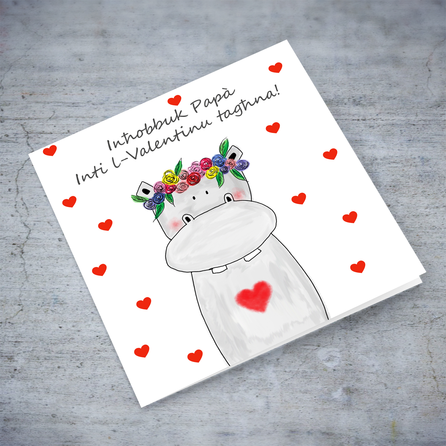Hippo themed Valentine's Day card for Daddy in Maltese