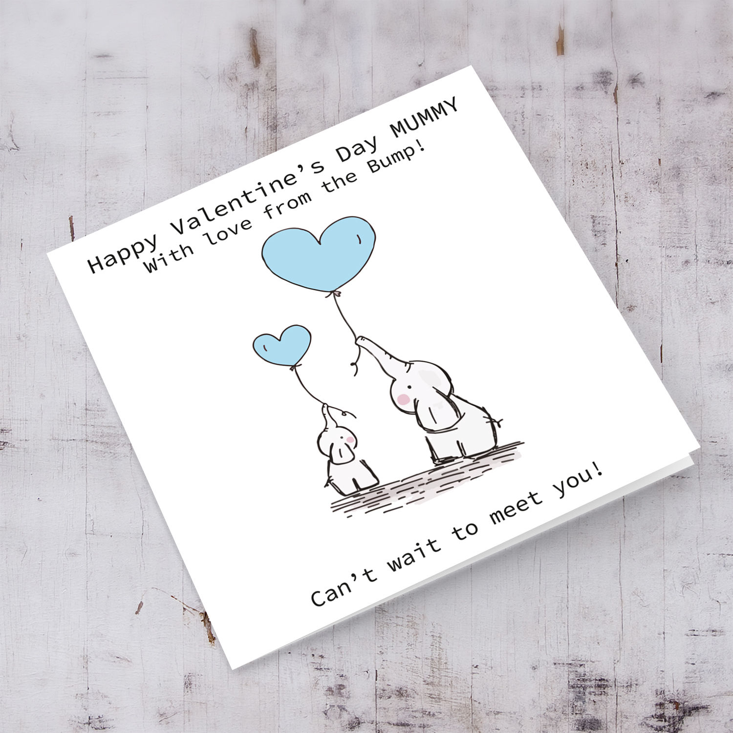Elephant Valentines card for mummy with love from the bump (with light blue heart balloons) in English
