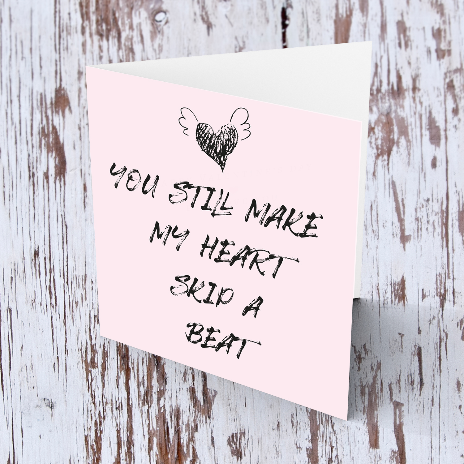 Light pink background with cute heart valentines day card in English - You still make my heart skip a beat