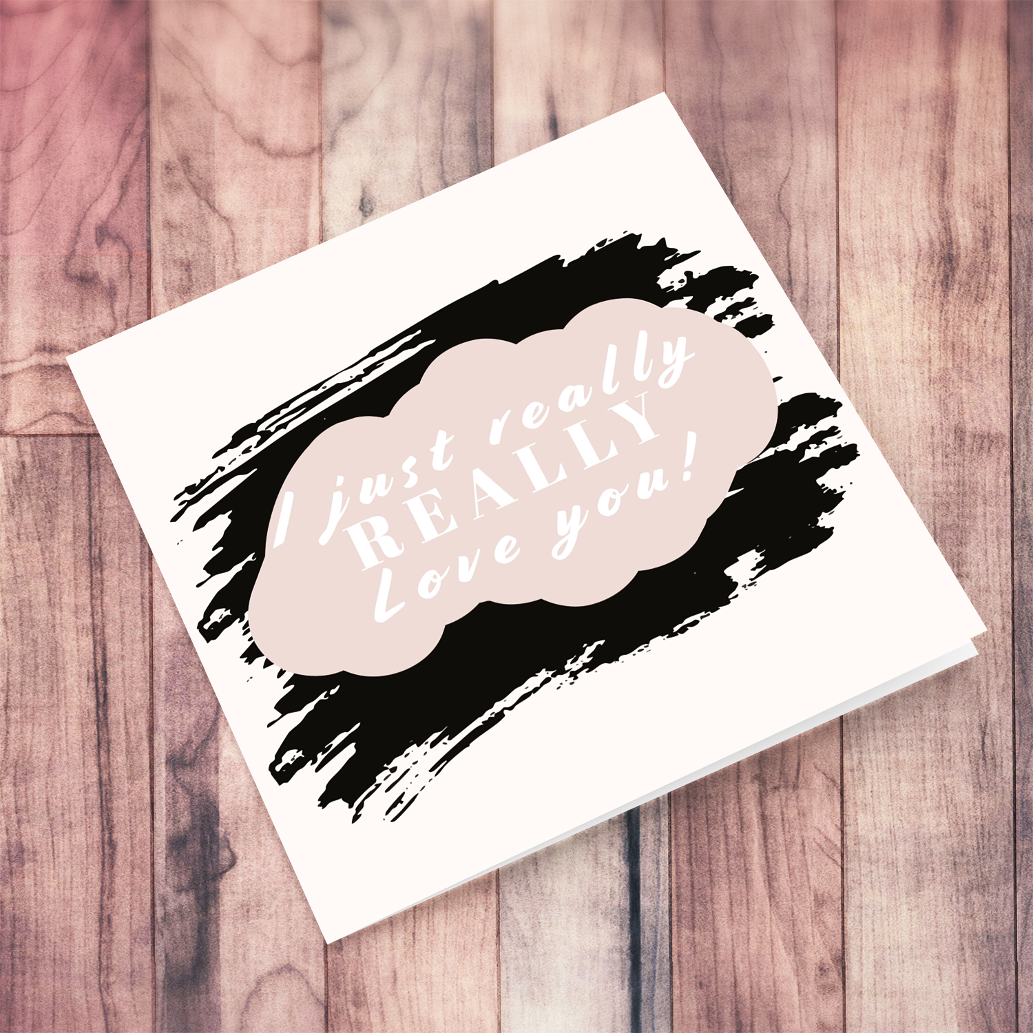 A modern card in light coloured background, black brush stroke and a special message in English
