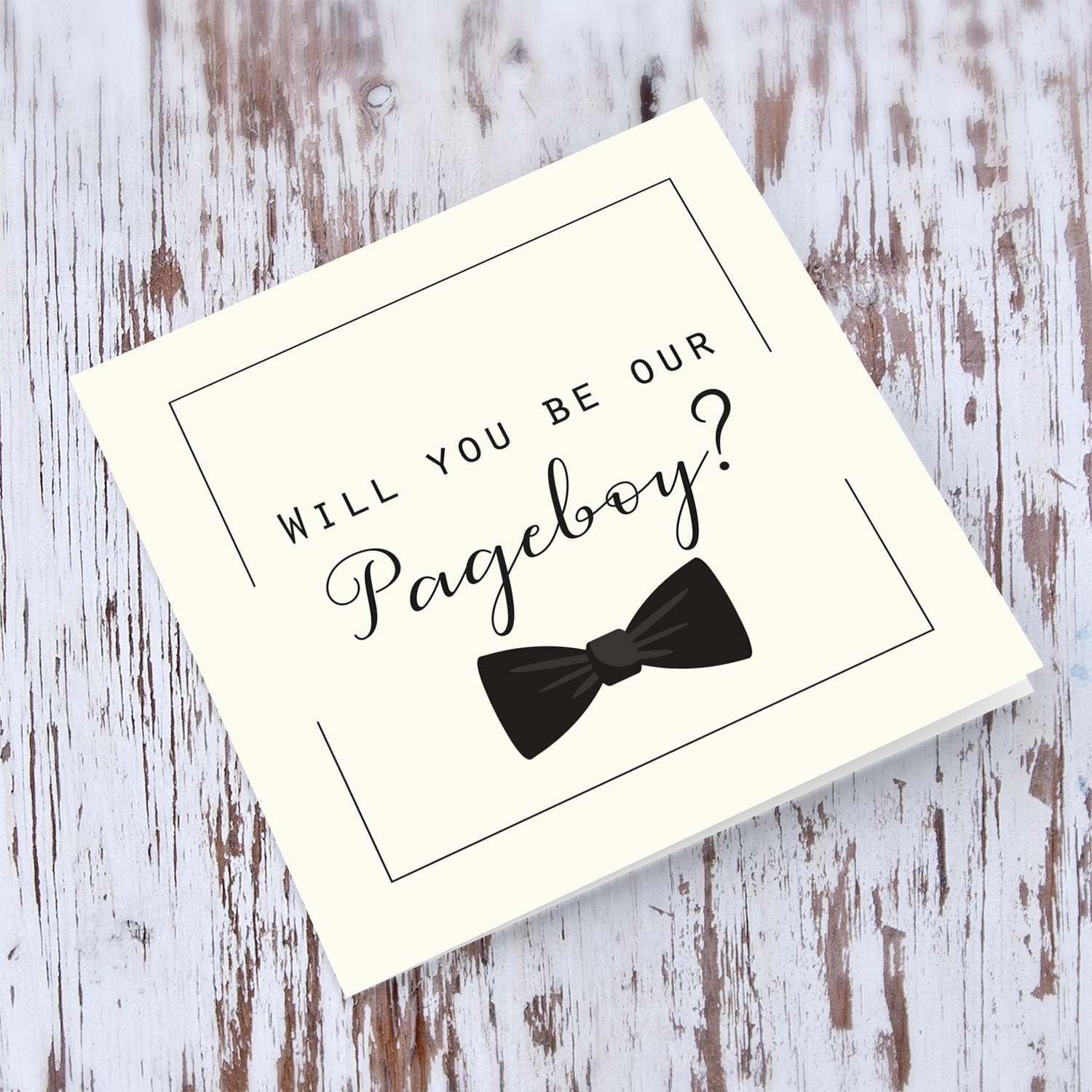 Will you be our Pageboy card with black bow in English