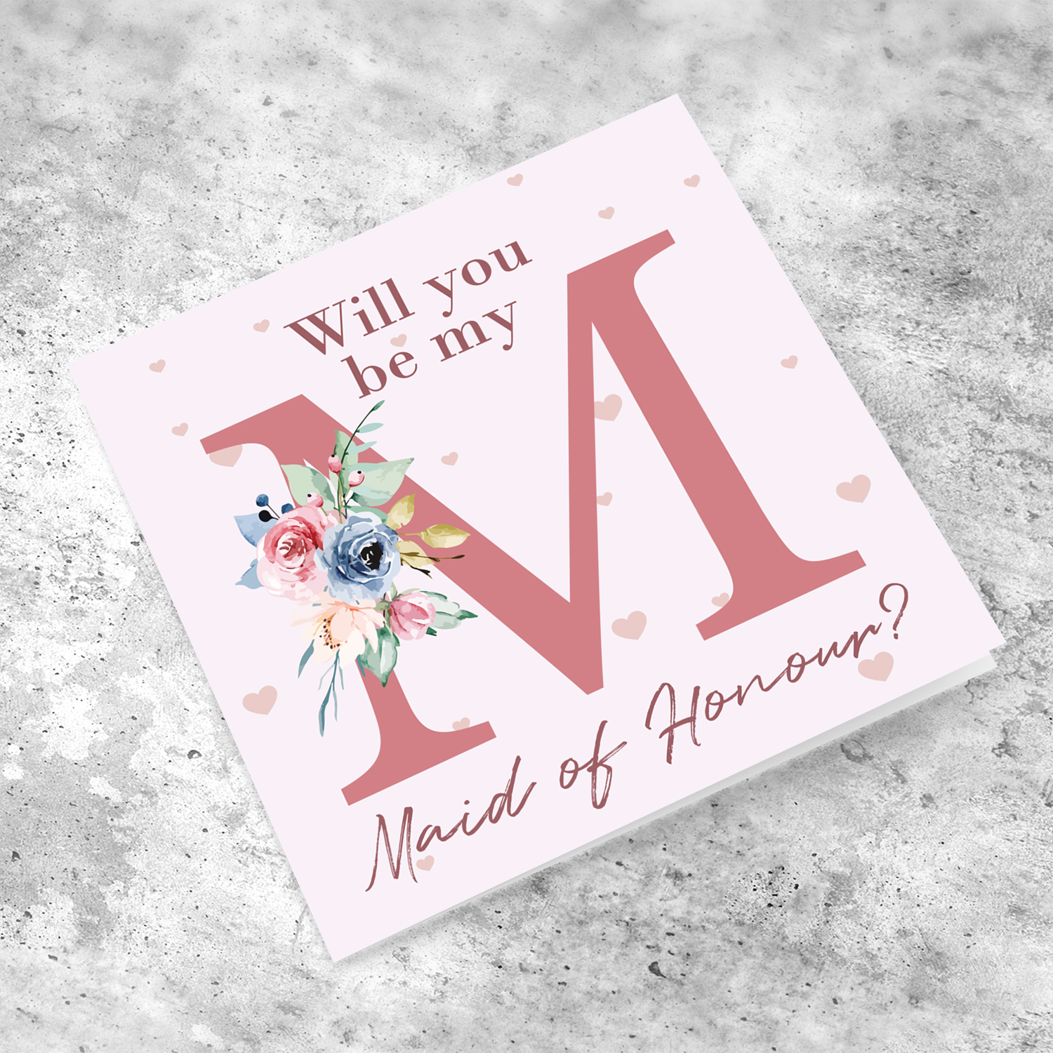 Will you be my maid of honour card with pink background and floral pattern in English