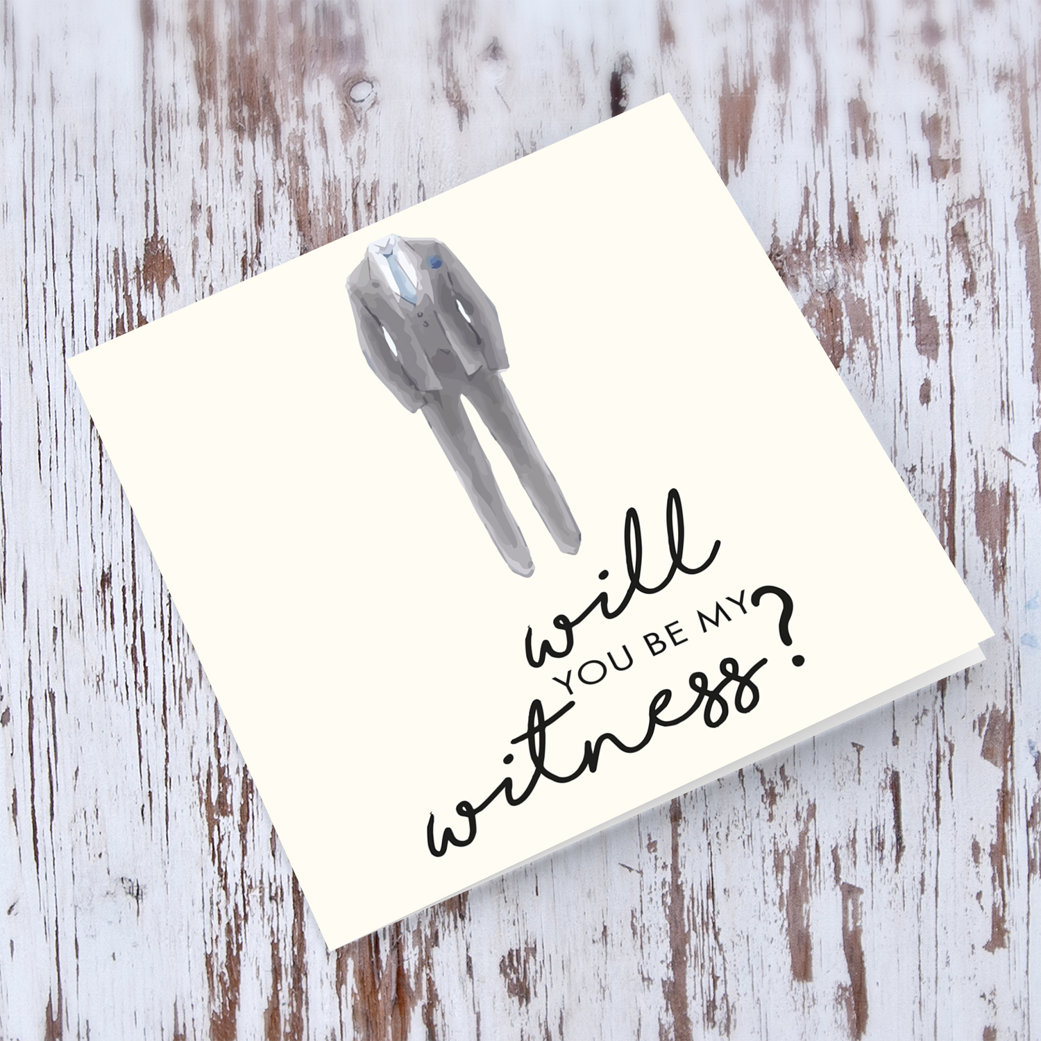 Will you be my witness, suit themed card in English