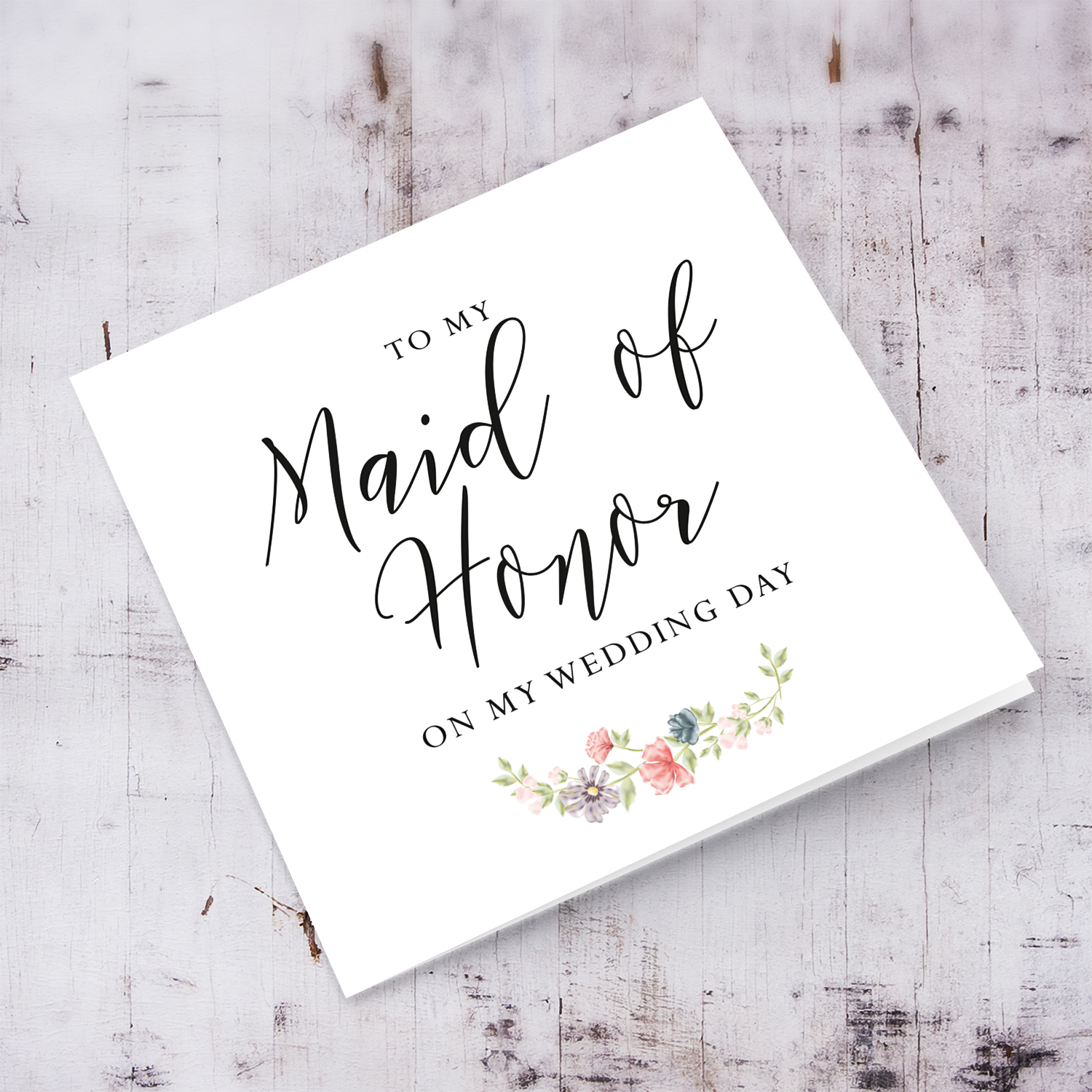 Dainty card for maid of honor on wedding day, with dainty florals in English (BLANK INSIDE)
