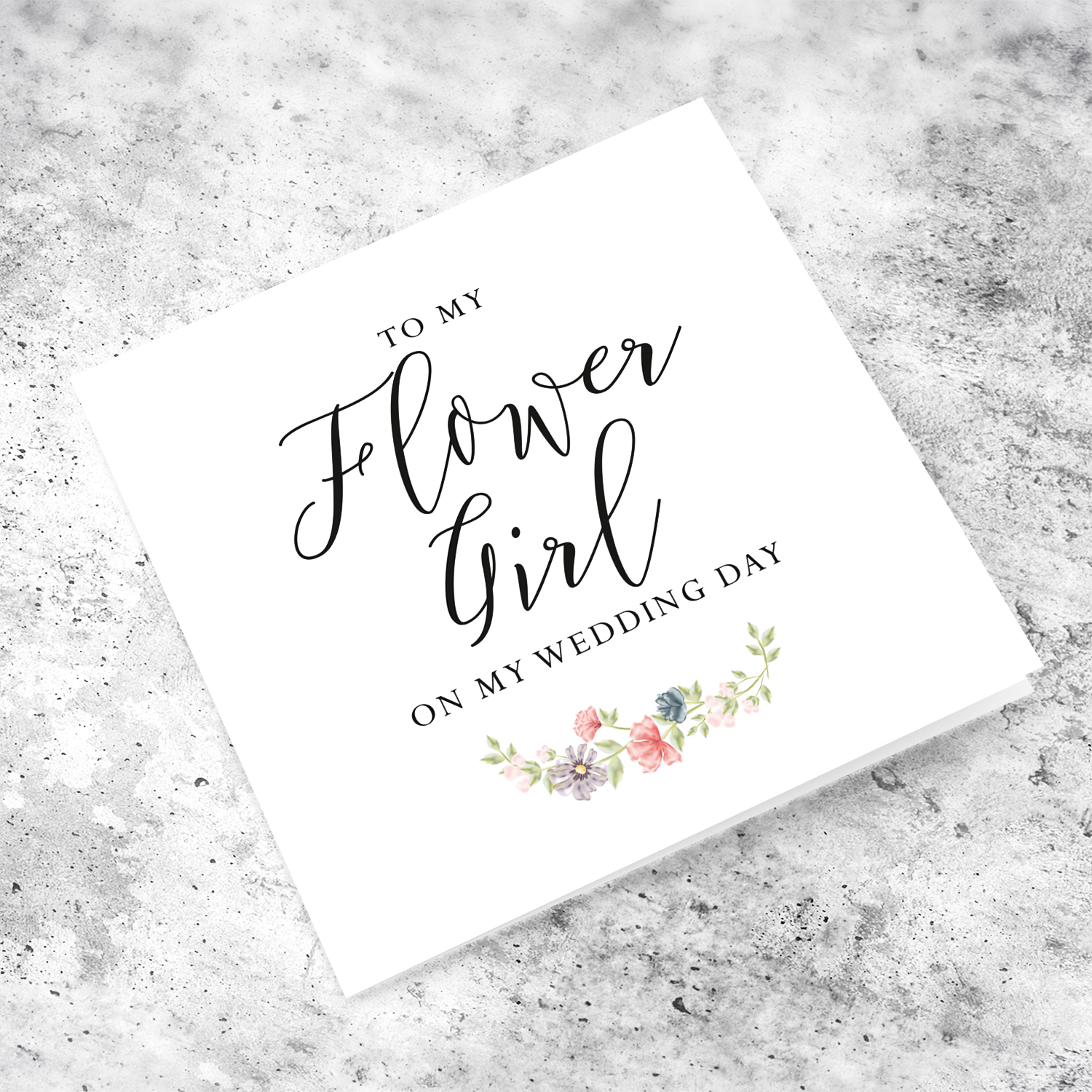 Dainty card for flower girl on wedding day, with dainty florals in English (BLANK INSIDE)