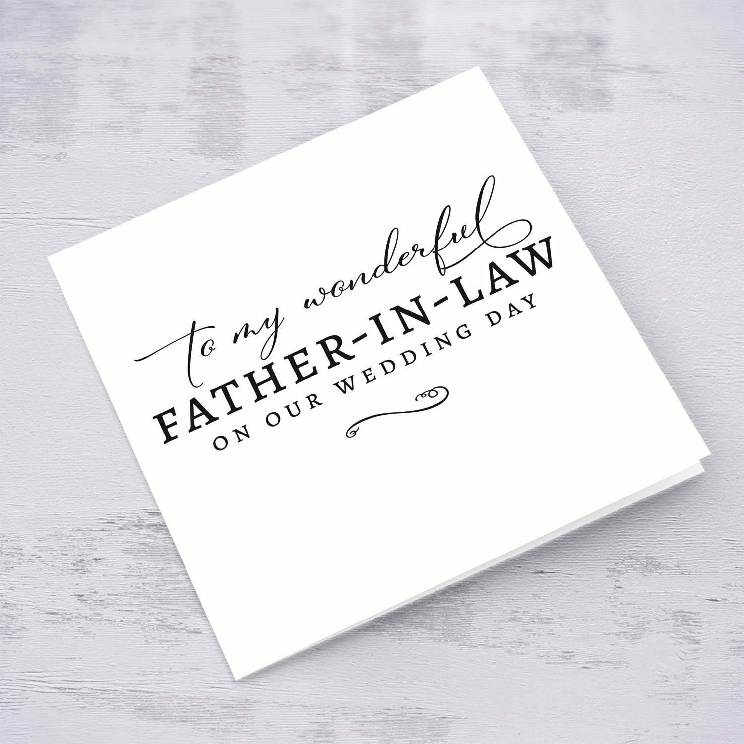Minimalist Thank you card for "my wonderful father-in-law" on our wedding day, in plain light cream background and black text in English