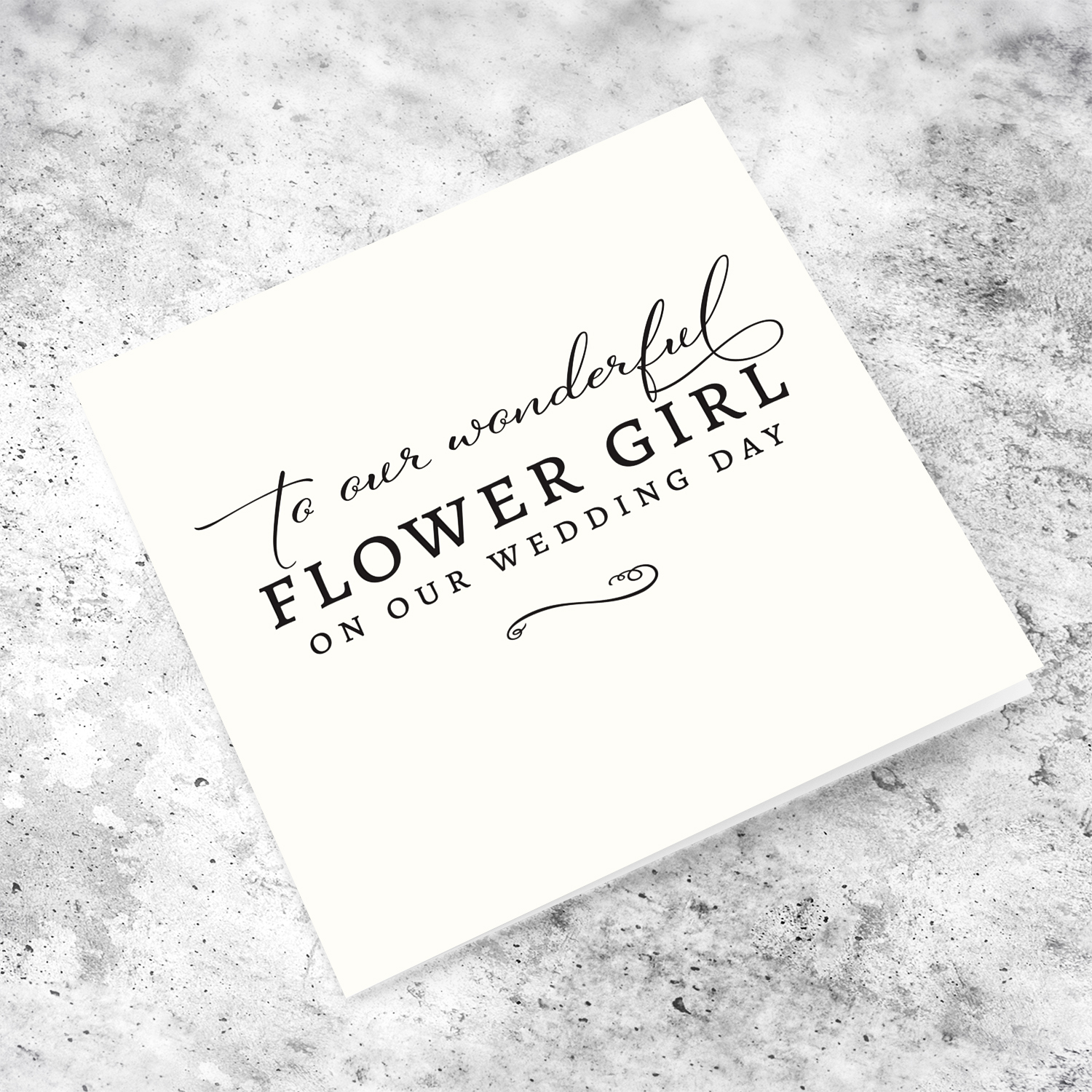 Minimalist Thank you card for "our wonderful flower girl" on our wedding day, in plain light cream background and black text in English