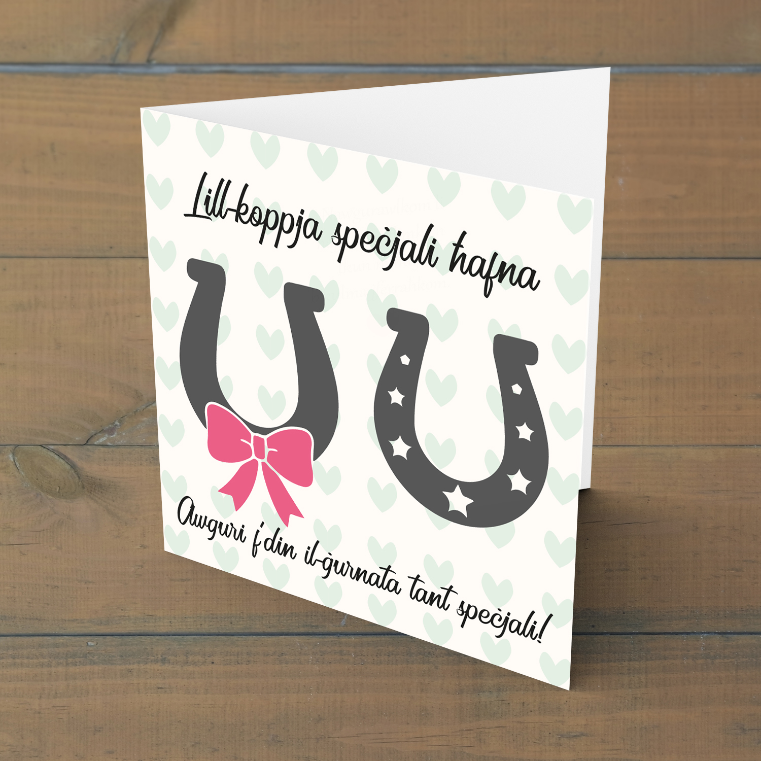 Horseshoe themed wedding card in Maltese