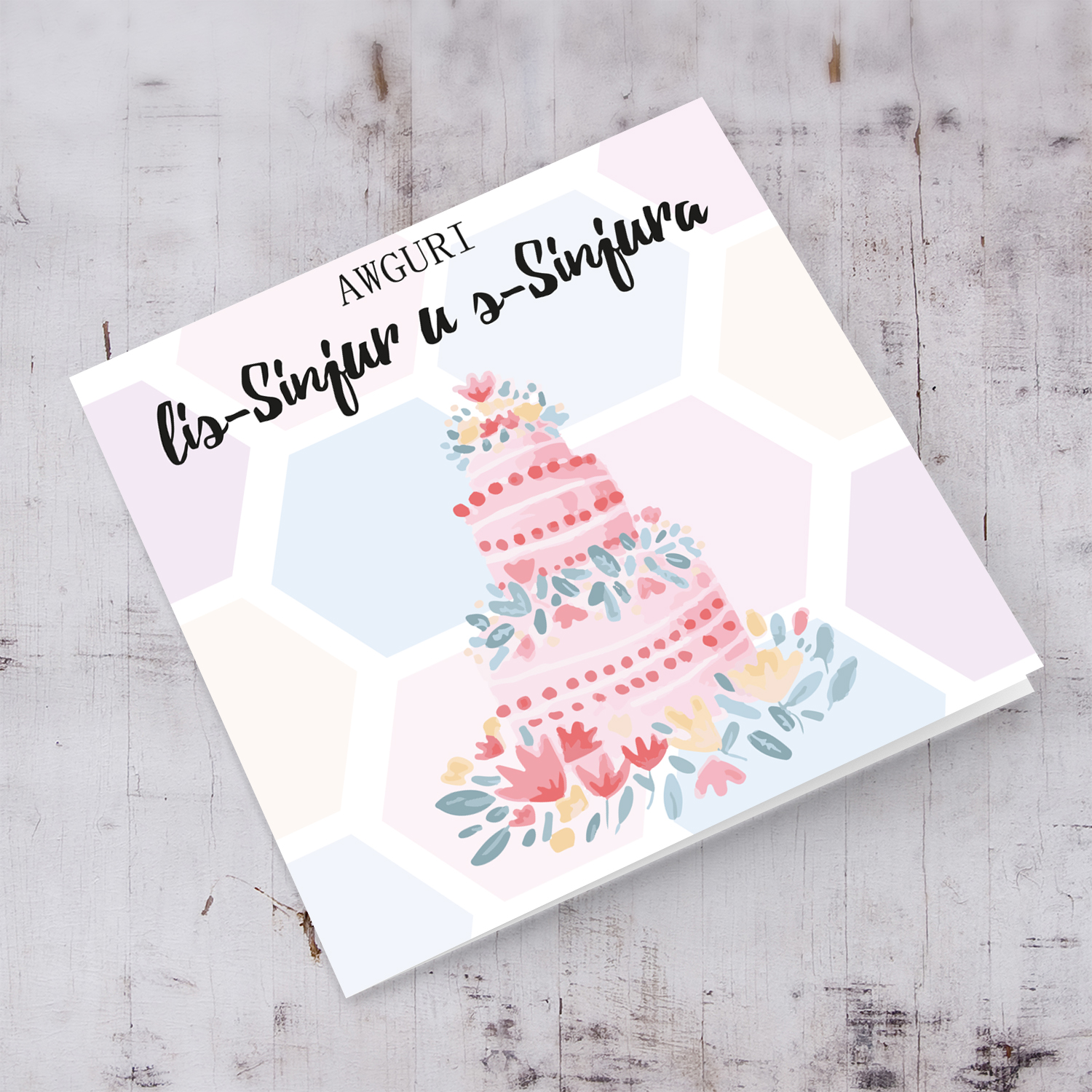 Wedding cake themed wedding card in soft pastel background