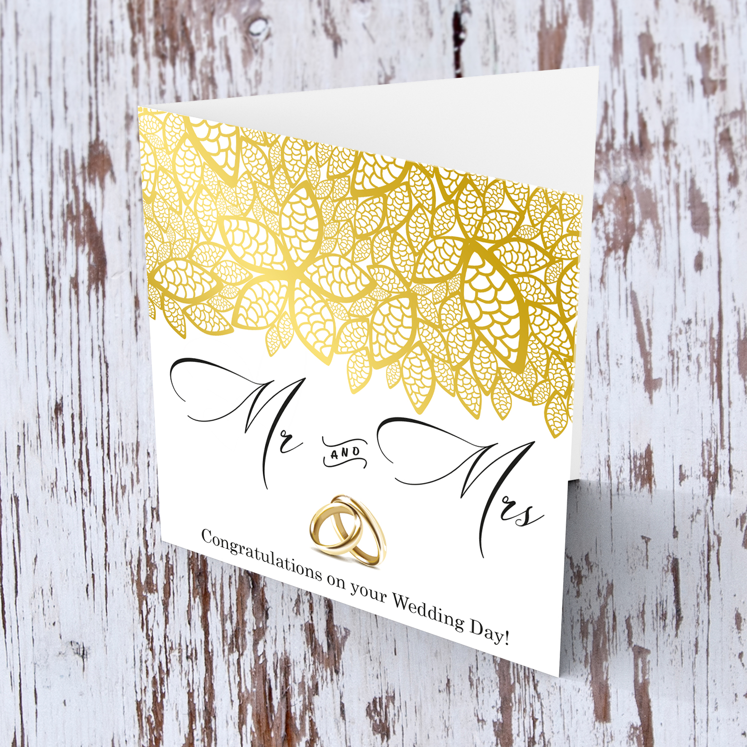 Gold floral pattern wedding card in English