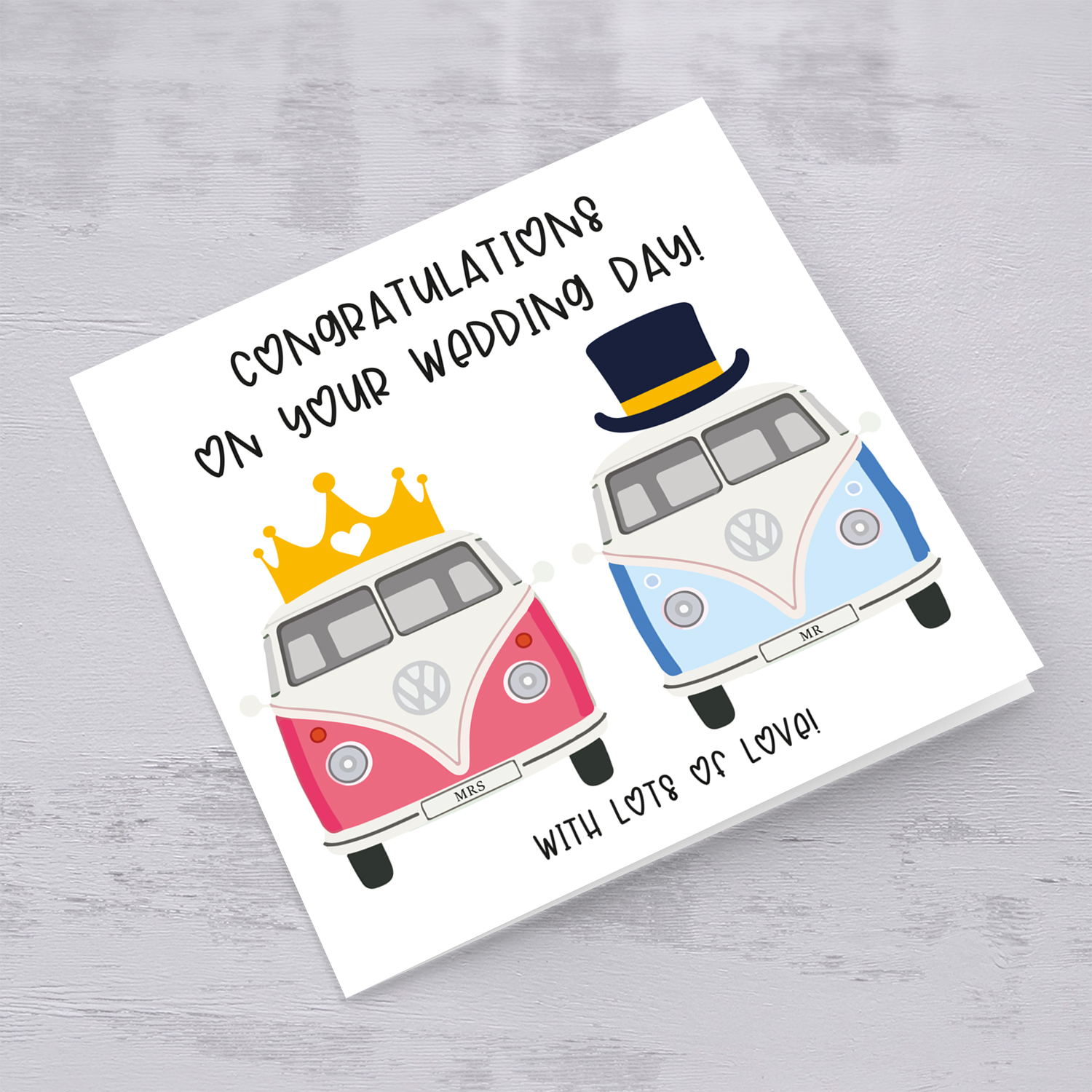 Campervan themed wedding card with crown and hat in English