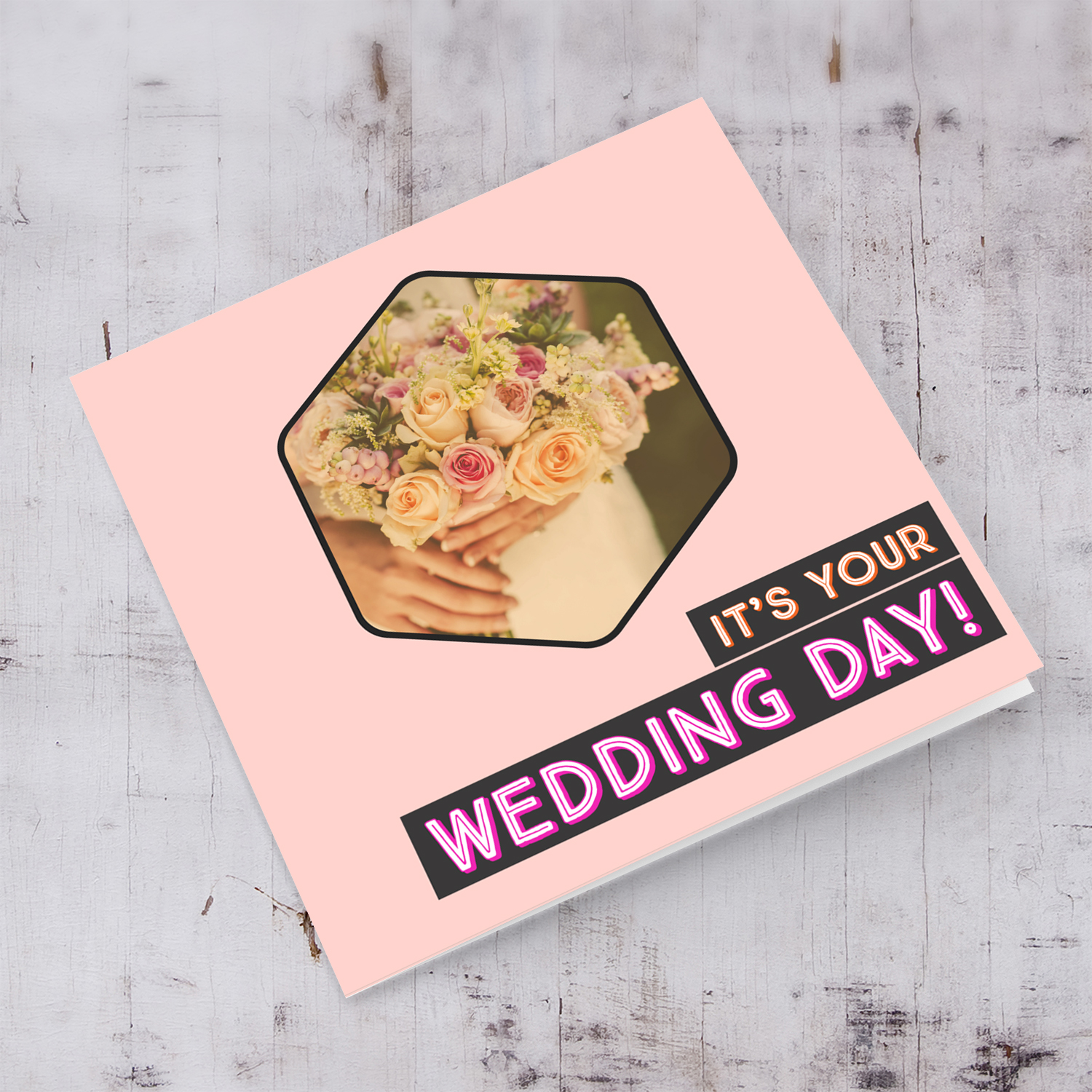 It's your wedding day card with flower bouquet in English