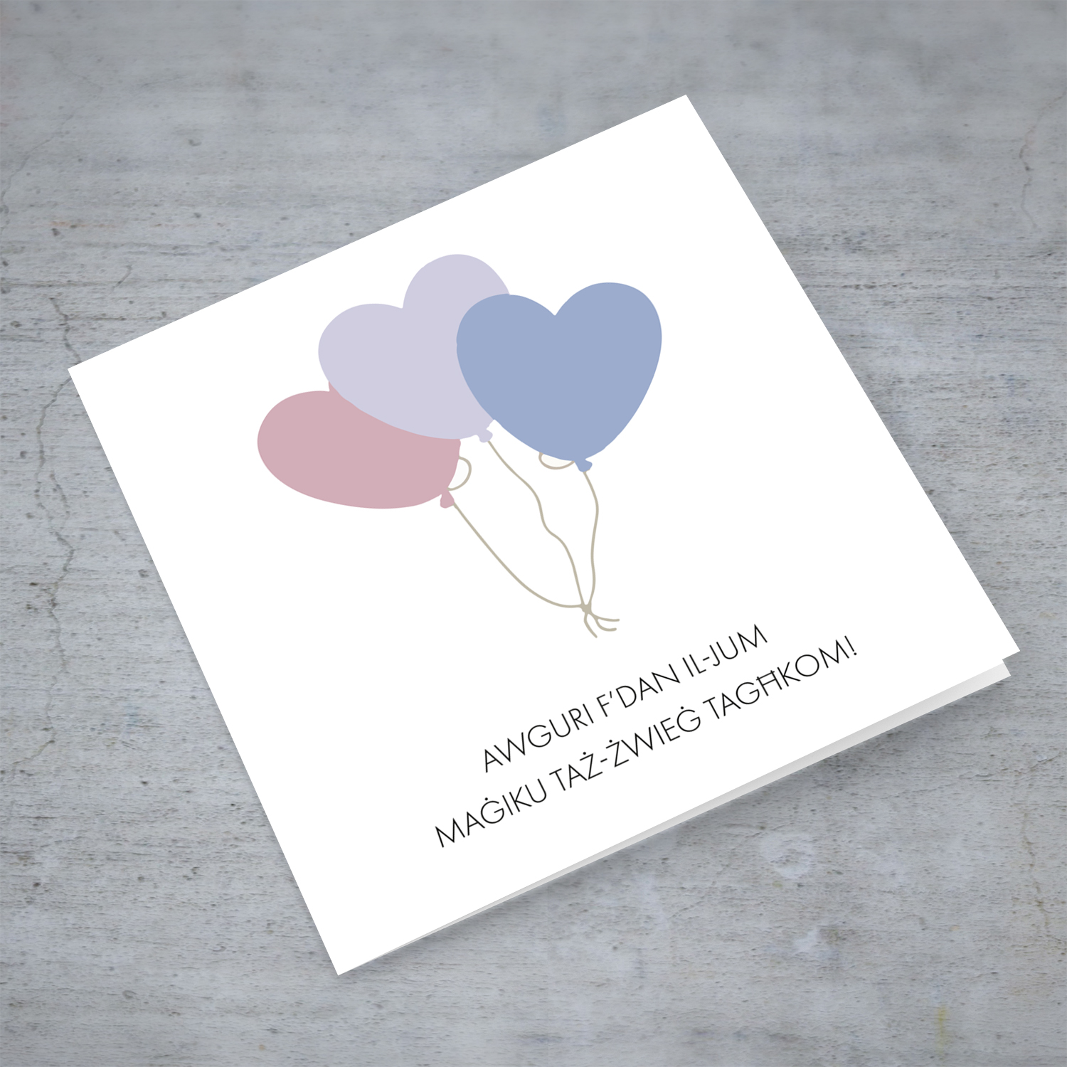 Balloon themed wedding card in pastel colours in Maltese