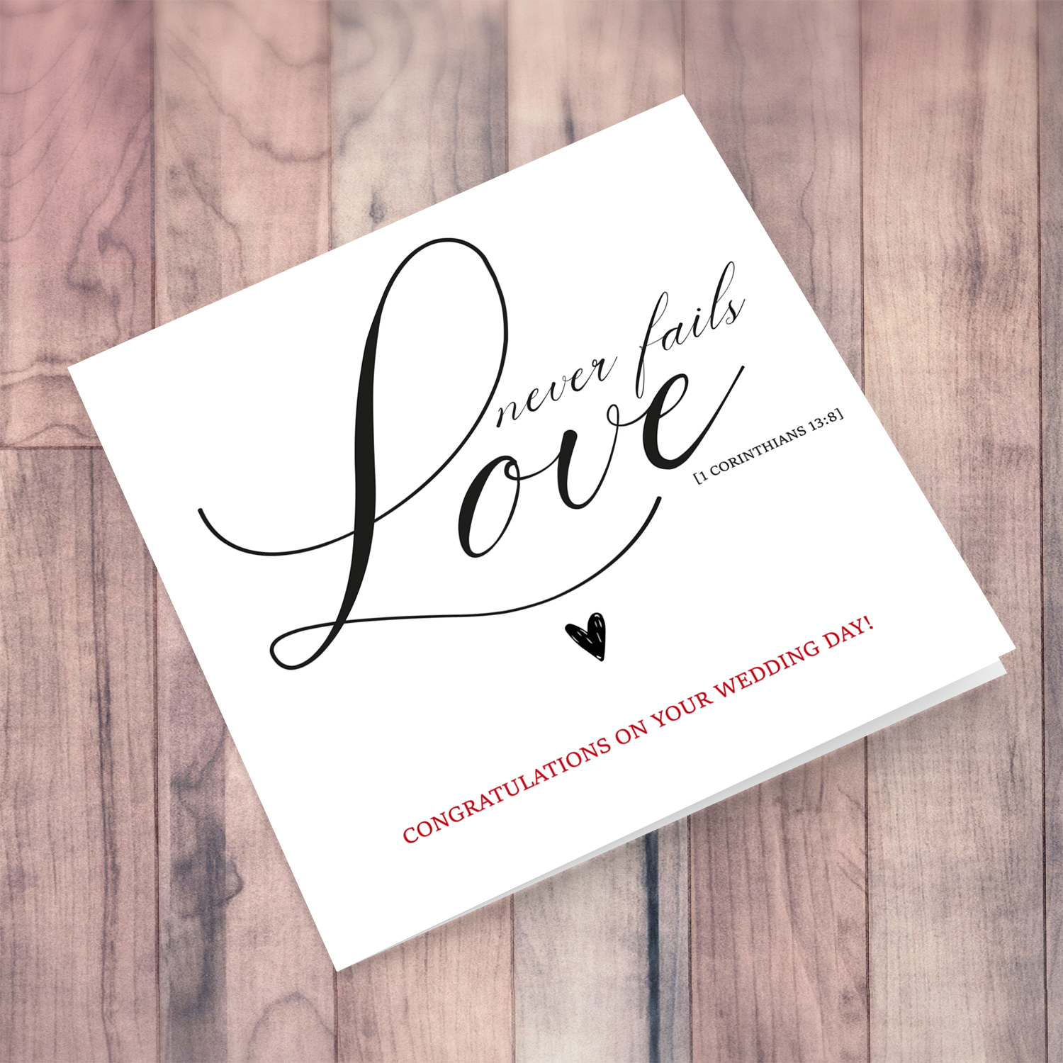 Love never fails wedding card in English